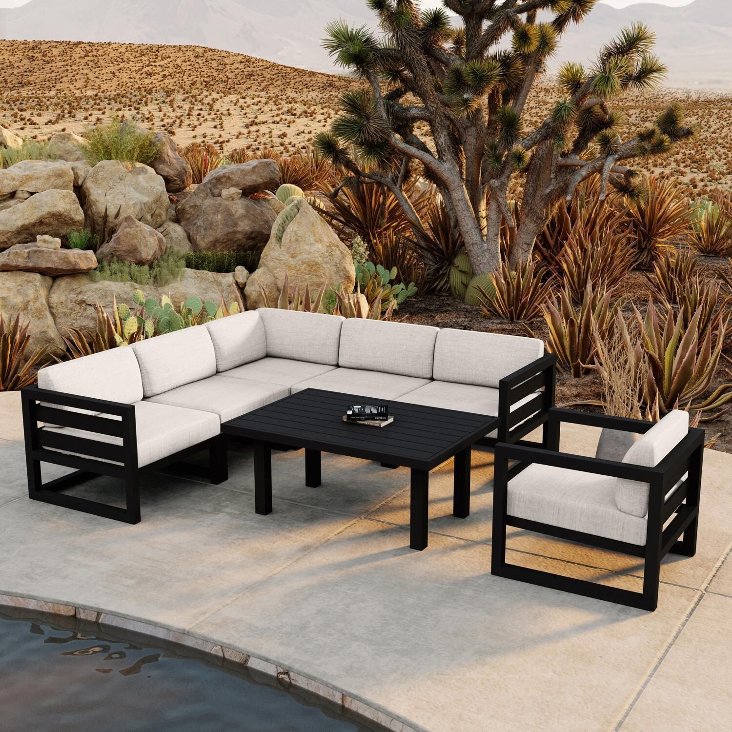 Lakeview MSTYCV-BK-SET212-CS Misty Cove 7 Pc Aluminum Sectional Set in Black w/Chat Table & Cast Silver Cushions by Lakeview Outdoor Designs - By the Pool - Lifestyle thumbnail