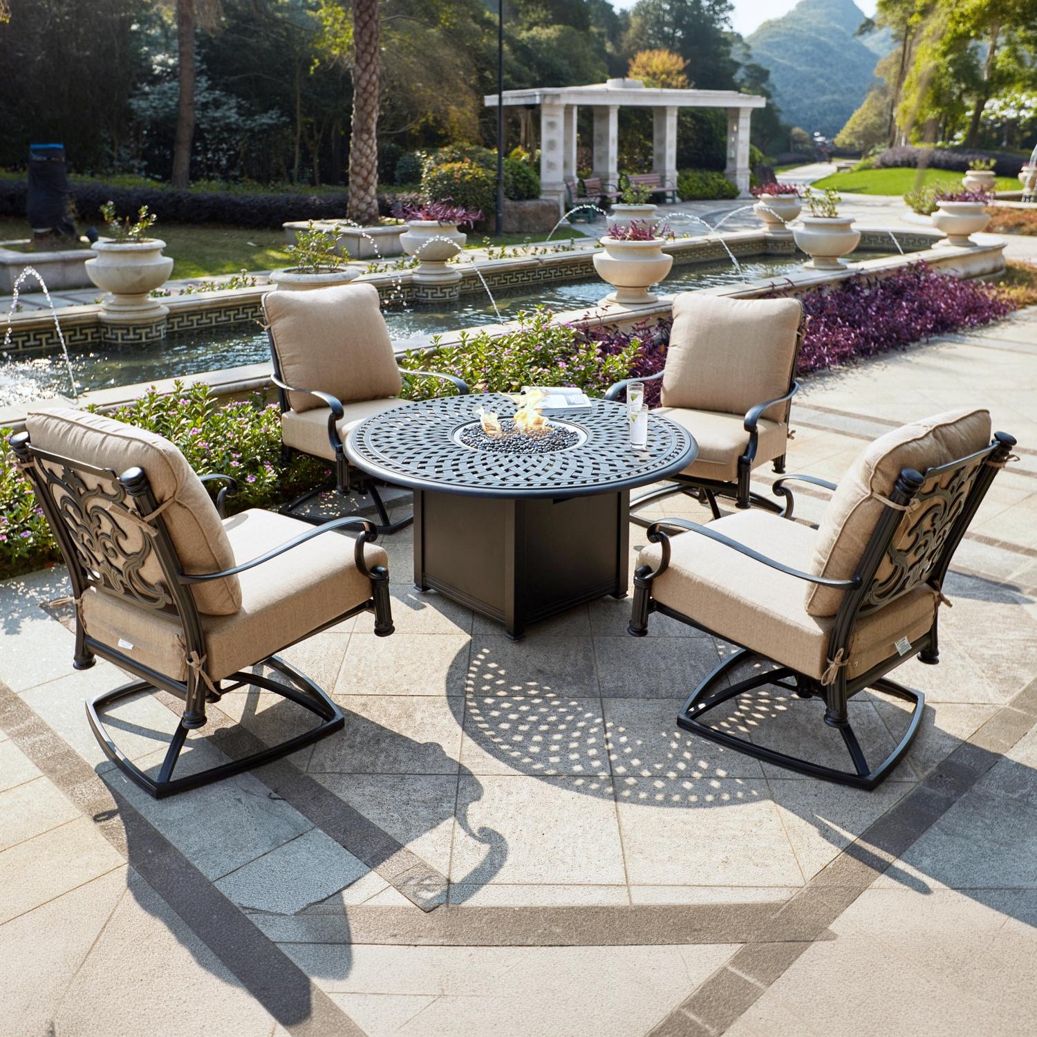 Darlee Santa Barbara 5 Pc Cast Aluminum Fire Pit Seating Set w/ 52 Inch Signature Table & Swivel Rockers - Lifestyle thumbnail