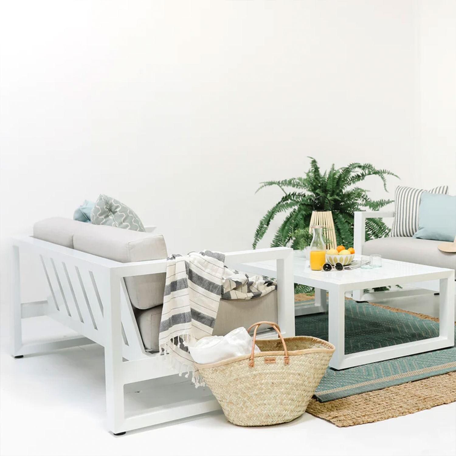 Newport Aluminum Patio Loveseat in Spectrum Indigo w/ No Welt by Sunset West - Shown in Cast Silver Cushion Color finish (Sold Separately) - White Background thumbnail