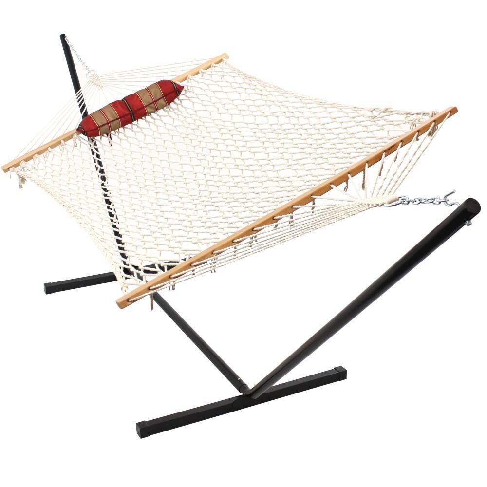 Ultimate Patio Rope Hammock w/ 12-Foot Stand, Pad, & Pillow - Awning Stripe - No Pad - White Background thumbnail