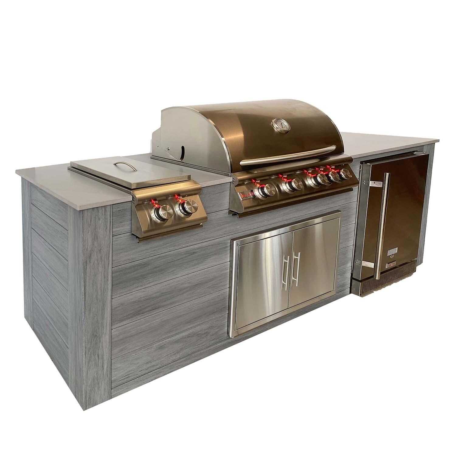 Pro-Fit 8-Foot Outdoor Kitchen Island W/ BLZ-4LTE2-LP Blaze Premium LTE 32-Inch Propane Gas Grill, Double Side Burner & Refrigerator - Driftwood Grey / Grigio Cemento Satin - Left - White Background thumbnail
