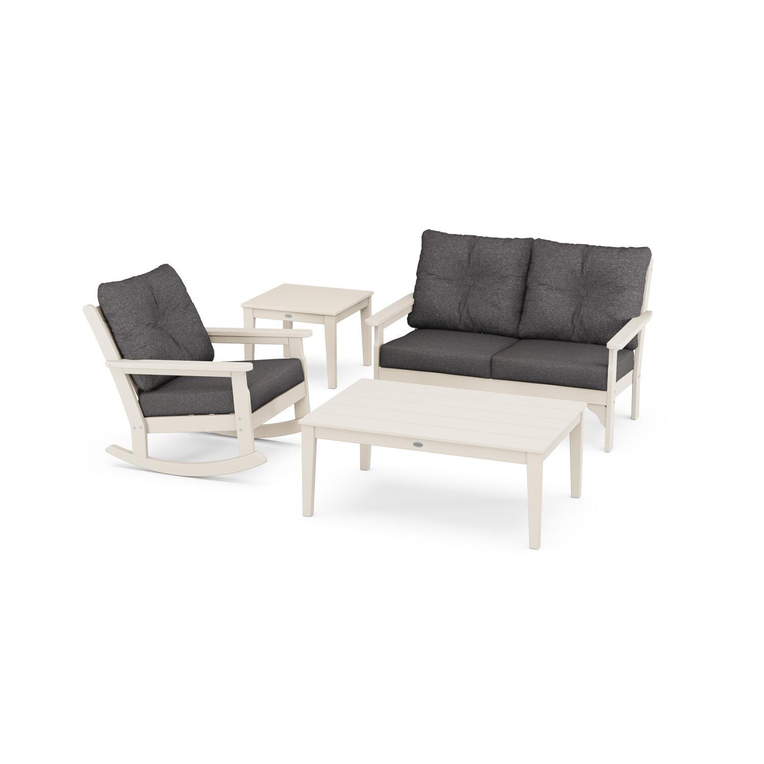 Vineyard 4 Pc Recycled Plastic Seating Set w/ Rocking Chair in Sand/Ash Charcoal by POLYWOOD