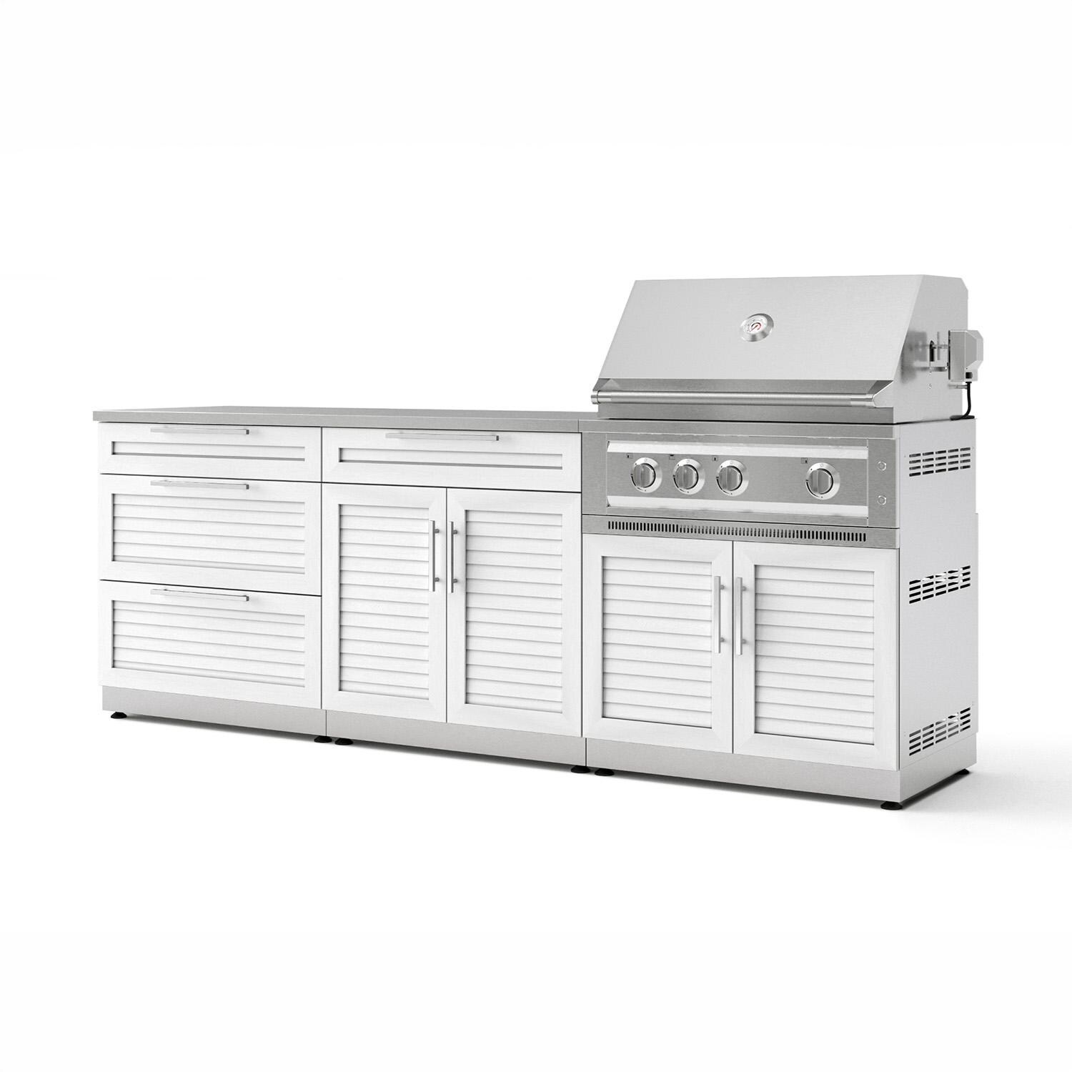 NewAge Products 67455 Classic Series 8 Ft Outdoor Kitchen Island w/ 33-in Propane Grill, Trash Bin, Door & Drawer in White/Stainless Steel - Angled - White Background thumbnail