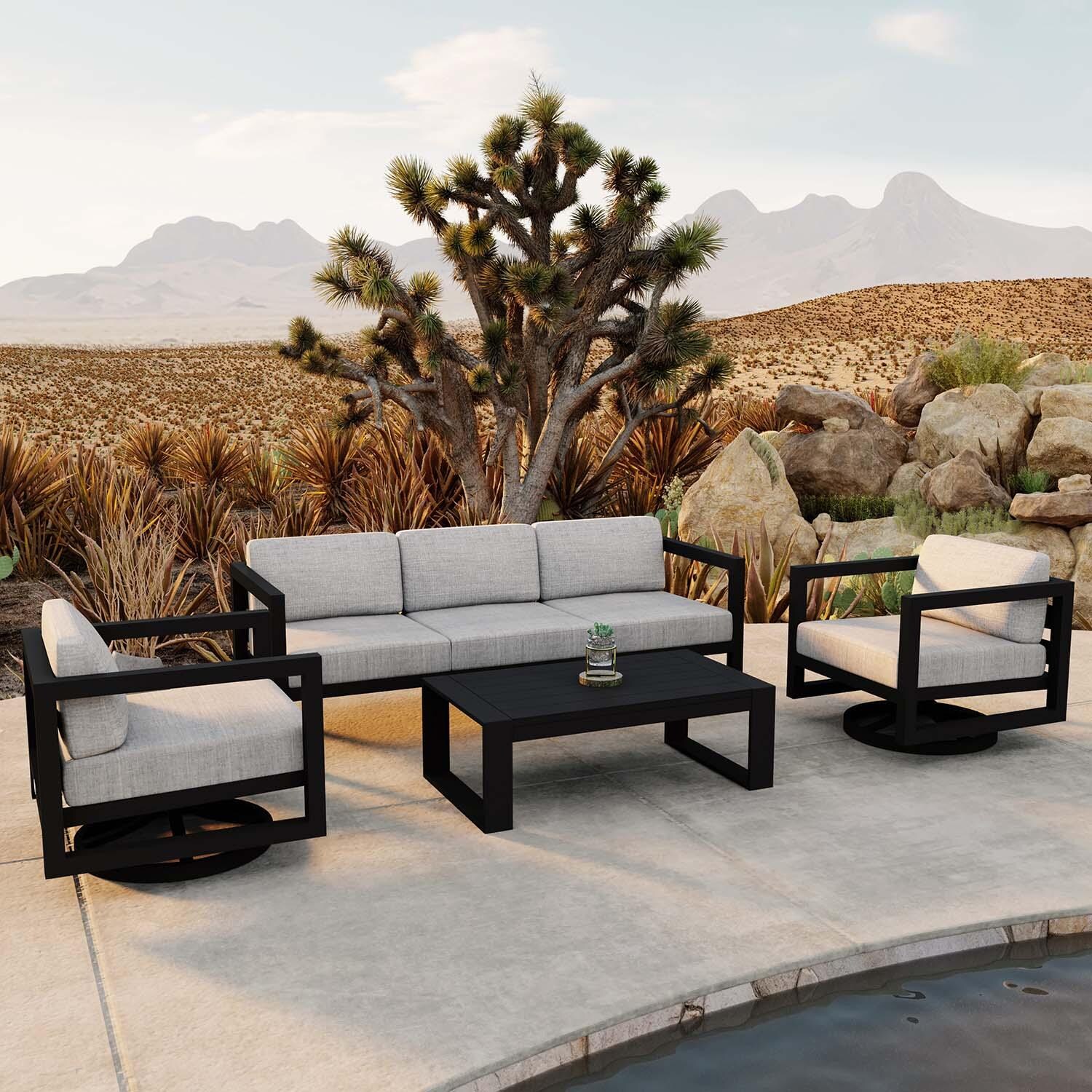 Misty Cove 4 Pc Aluminum Sofa Seating Set w/ Swivel Chairs in Black/Cast Silver by Lakeview Outdoor Designs - Angled - Lifestyle thumbnail