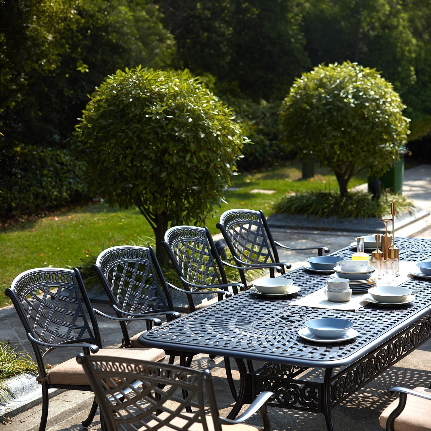 Darlee Sedona 11 Pc Cast Aluminum Patio Dining Set w/ 92 x 42 Inch Rectangular Extension Table & Beige Canvas Cushions - Set Angled - Lifestyle thumbnail