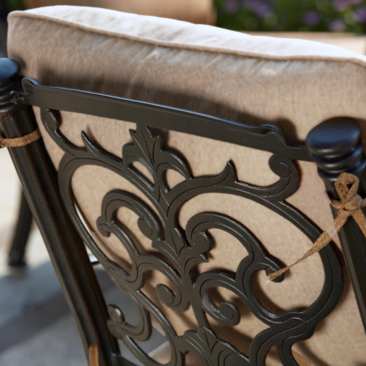 Darlee Santa Barbara 5 Pc Cast Aluminum Fire Pit Seating Set w/ 52 Inch Signature Table & 2 Swivel Rockers - Scrollwork - Detail thumbnail