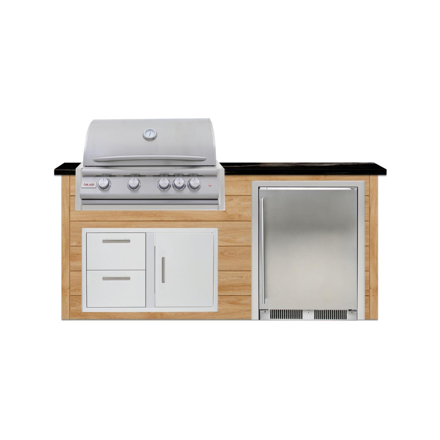 BBQGuys Signature 6 Ft Outdoor Kitchen Island w/ 32 Inch Natural Gas Blaze LTE+ Grill & Refrigerator | Sun Bleached Oak w/ Nero Mist Granite