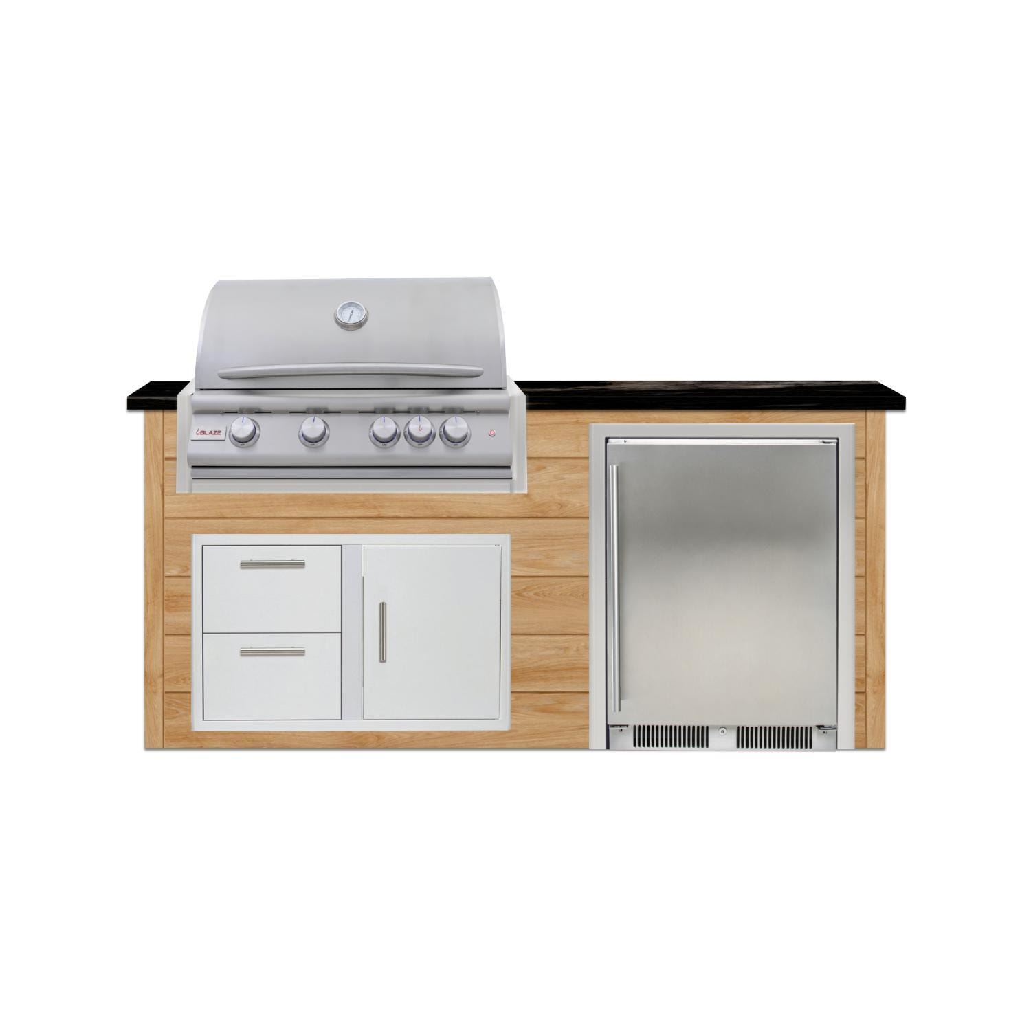 BBQGuys Signature 6 Ft Grill Island w/ 32 Inch Natural Gas Blaze Premium LTE+ Grill, Refrigerator & Door & Drawer | Sun Bleached Oak w/ Nero Mist Granite - Front - White Background thumbnail