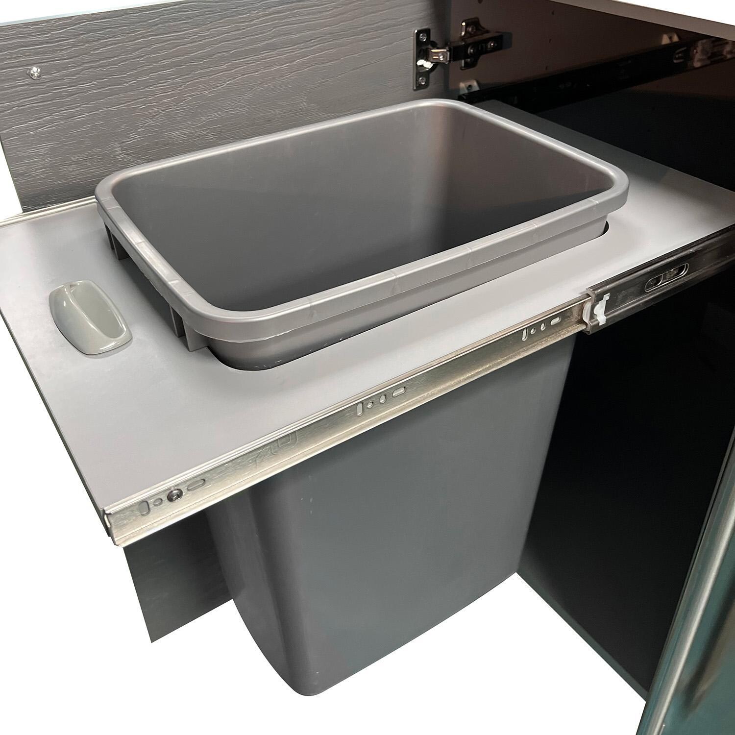 WeatherStrong Nassau 10 1/2 Ft Outdoor Kitchen Island w/ Blaze Propane Grill, Side Burner & Refrigerator in Shell White/Glacier Frost - Trashcan Pullout - Detail thumbnail