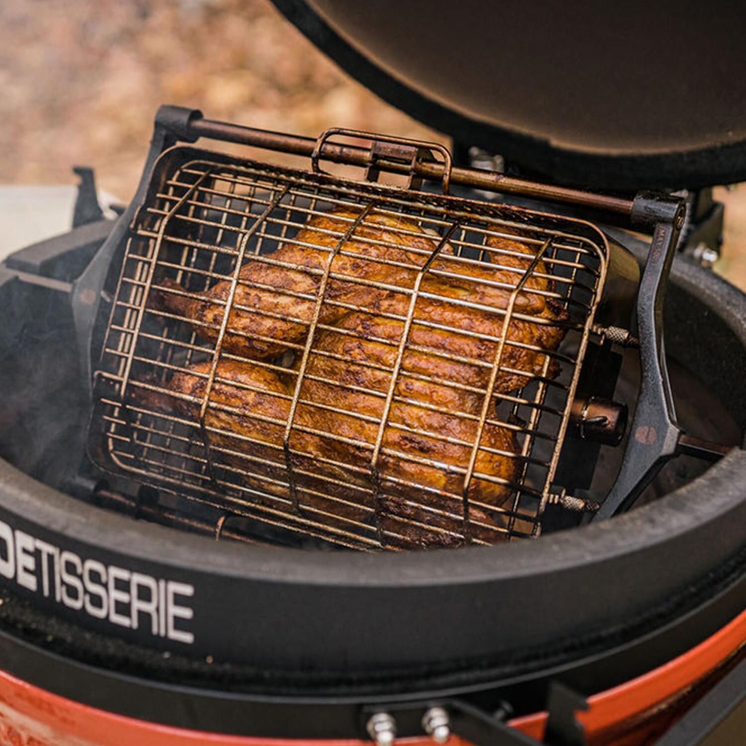 Kamado Joe® KJ15172022 JoeTisserie Basket Kit - Tumbler Basket In Use w/ Spatchcock Chicken thumbnail