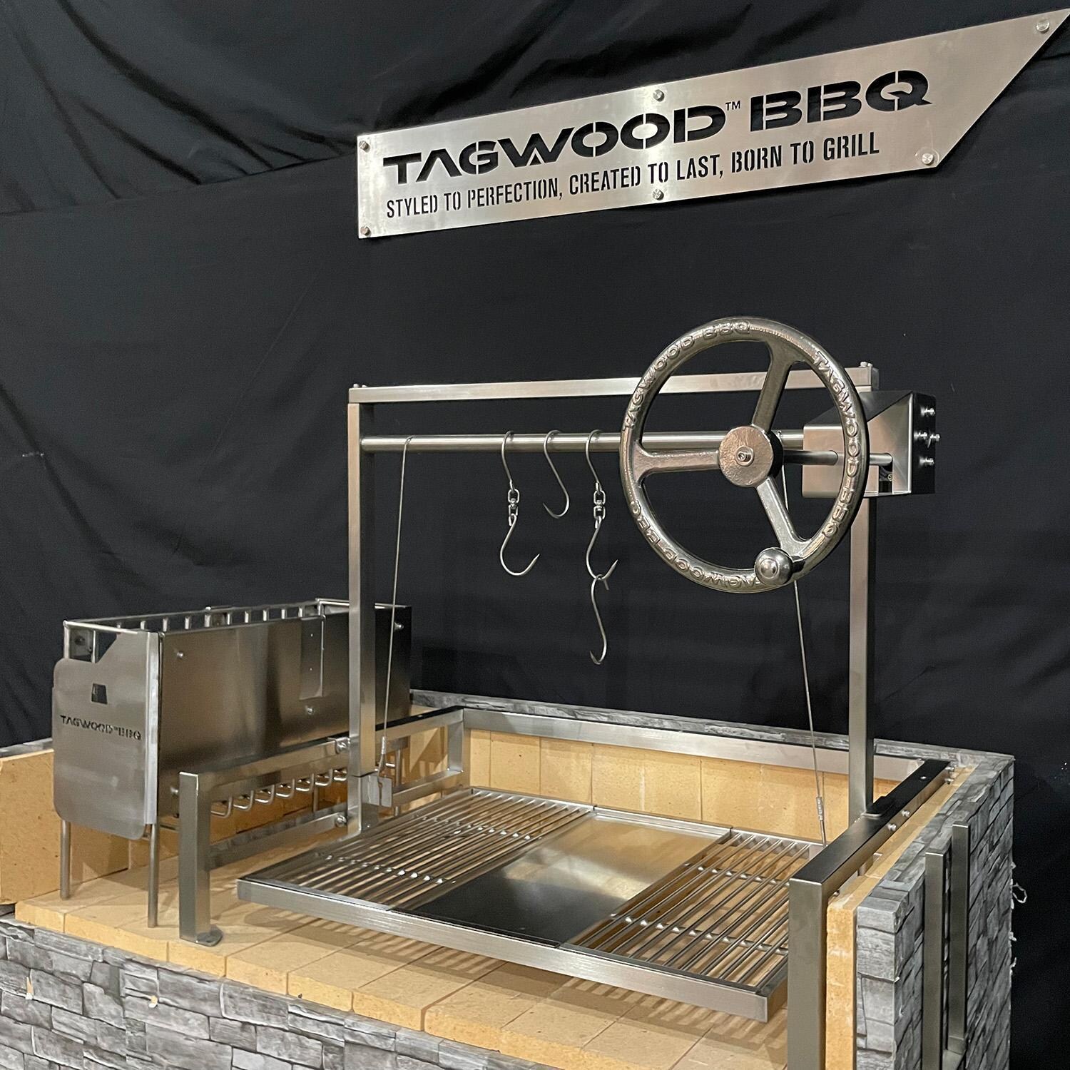 Tagwood BBQ BBQ09SSFRONT Insert Style Argentine Santa Maria Wood Fire & Charcoal Gaucho Grill without firebricks - Angled - Lifestyle thumbnail