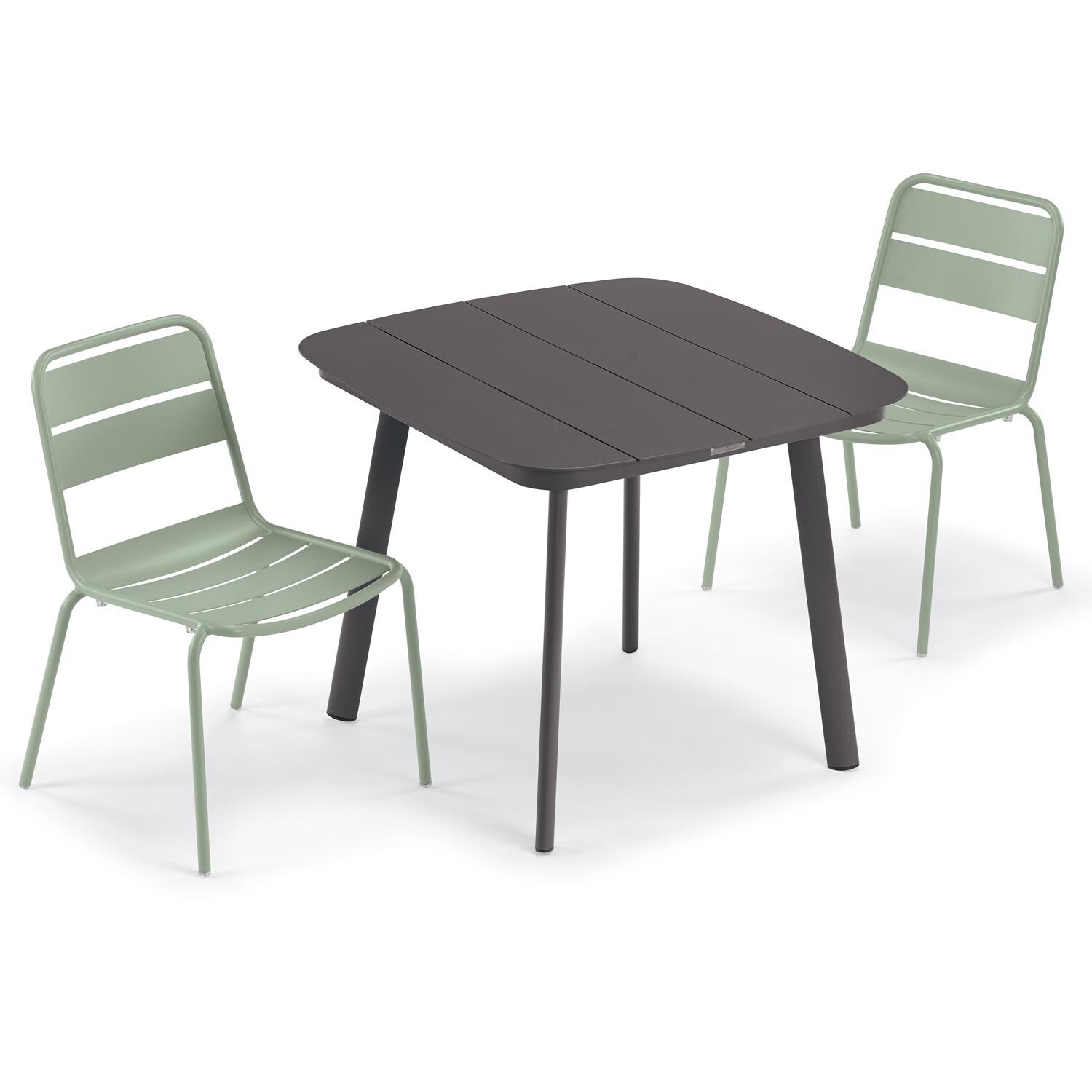 Oxford Garden Kapri 3 Pc Aluminum Dining Set W/ Side Chairs in Carbon/Sage - Top View thumbnail