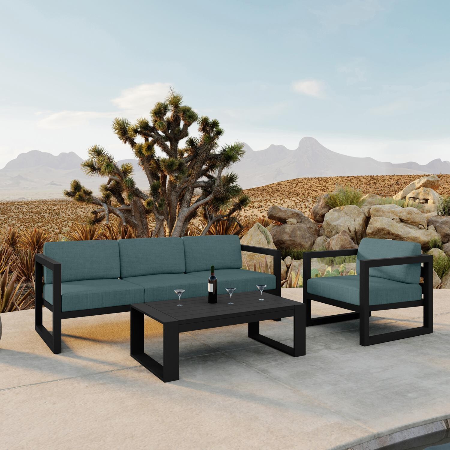Lakeview MSTYCV-BK-3SS-CL Misty Cove 3 Pc Aluminum Seating Set in Black w/Portal Coffee Table & Cast Lagoon Cushions by Lakeview Outdoor Designs - By the Pool - Lifestyle thumbnail