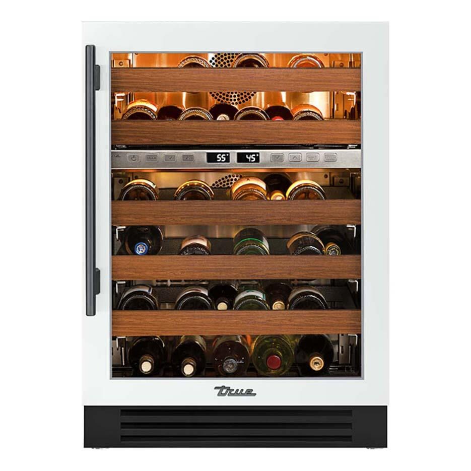 True TWC-24DZ-R-OG-C~DSK-030-H05 24 Inch 45 Bottle Right Hinge Glass Door Outdoor Dual Zone Wine Cabinet - Matte White w/ Pewter Handle - White Background thumbnail