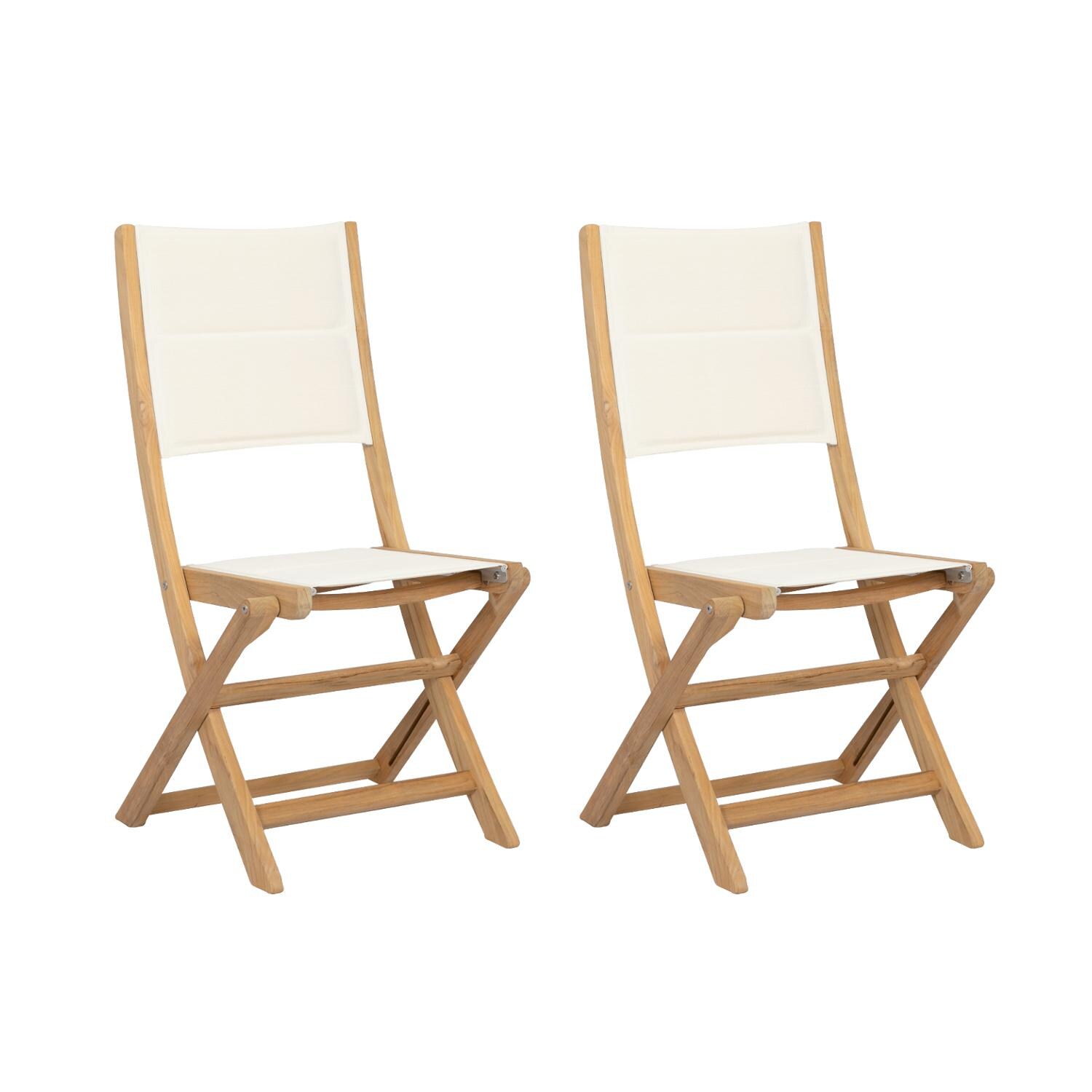 Sunset West Huntington 2 Piece Teak Foldable Armless Sling Patio Dining Chair Set W/ Padded Phifertex Frost Slings image