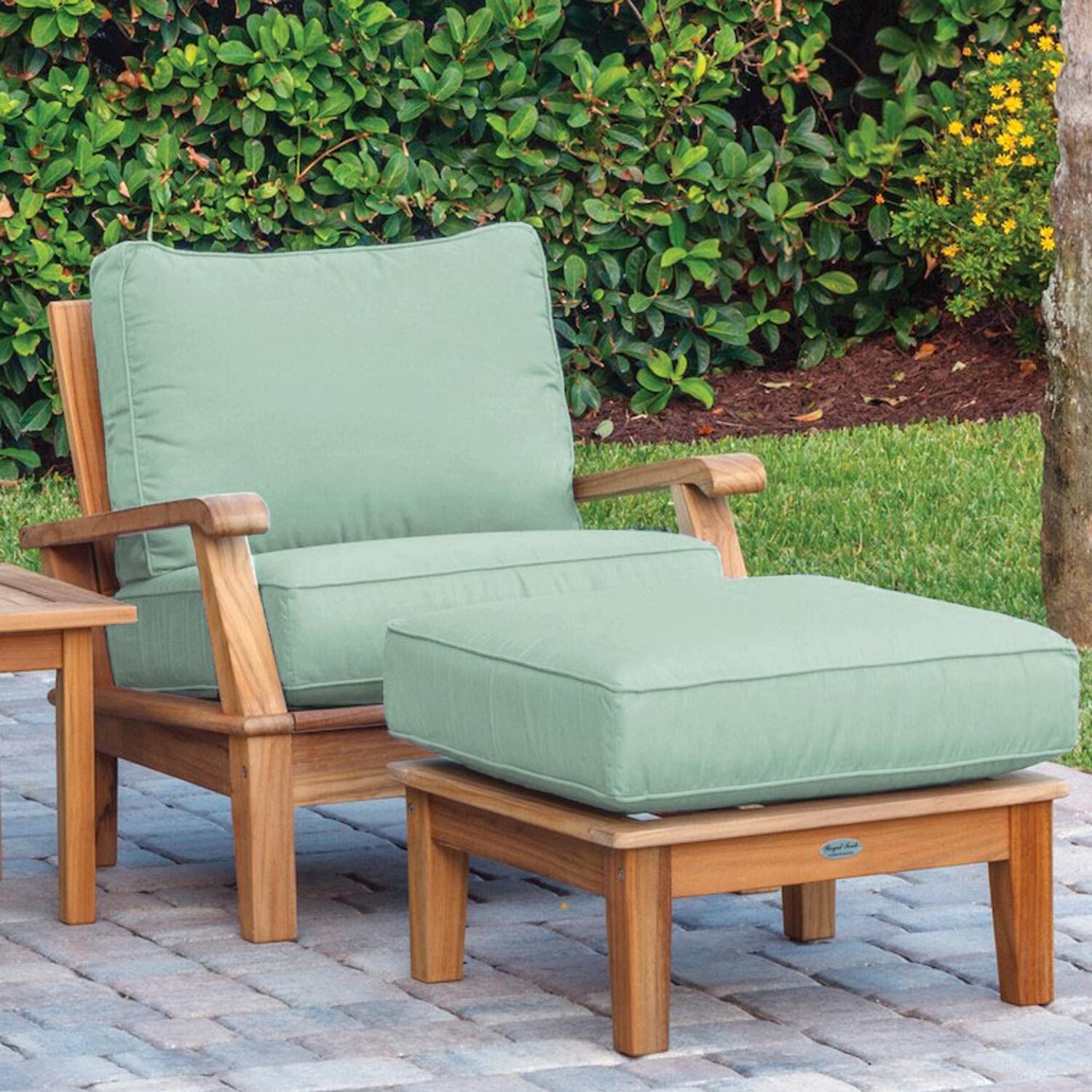 Royal Teak Collection Miami 2 Pc Teak Seating Set w/ Ottoman in Canvas Spa - On Patio - Lifestyle thumbnail