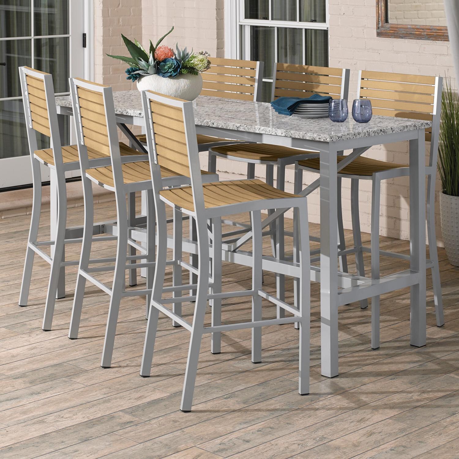 Travira 7 Piece Aluminum Patio Bar Set W/ 72 X 30 Inch Retangular Lite-Core Ash Table and Tekwood Natural Bar Stools By Oxford Garden - On The Patio thumbnail