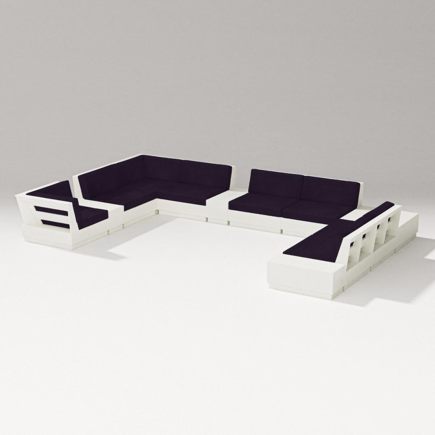 Elevate 12 Pc Recycled Plastic Sectional Seating Set in Vintage White/Navy Linen By PW Designer Series