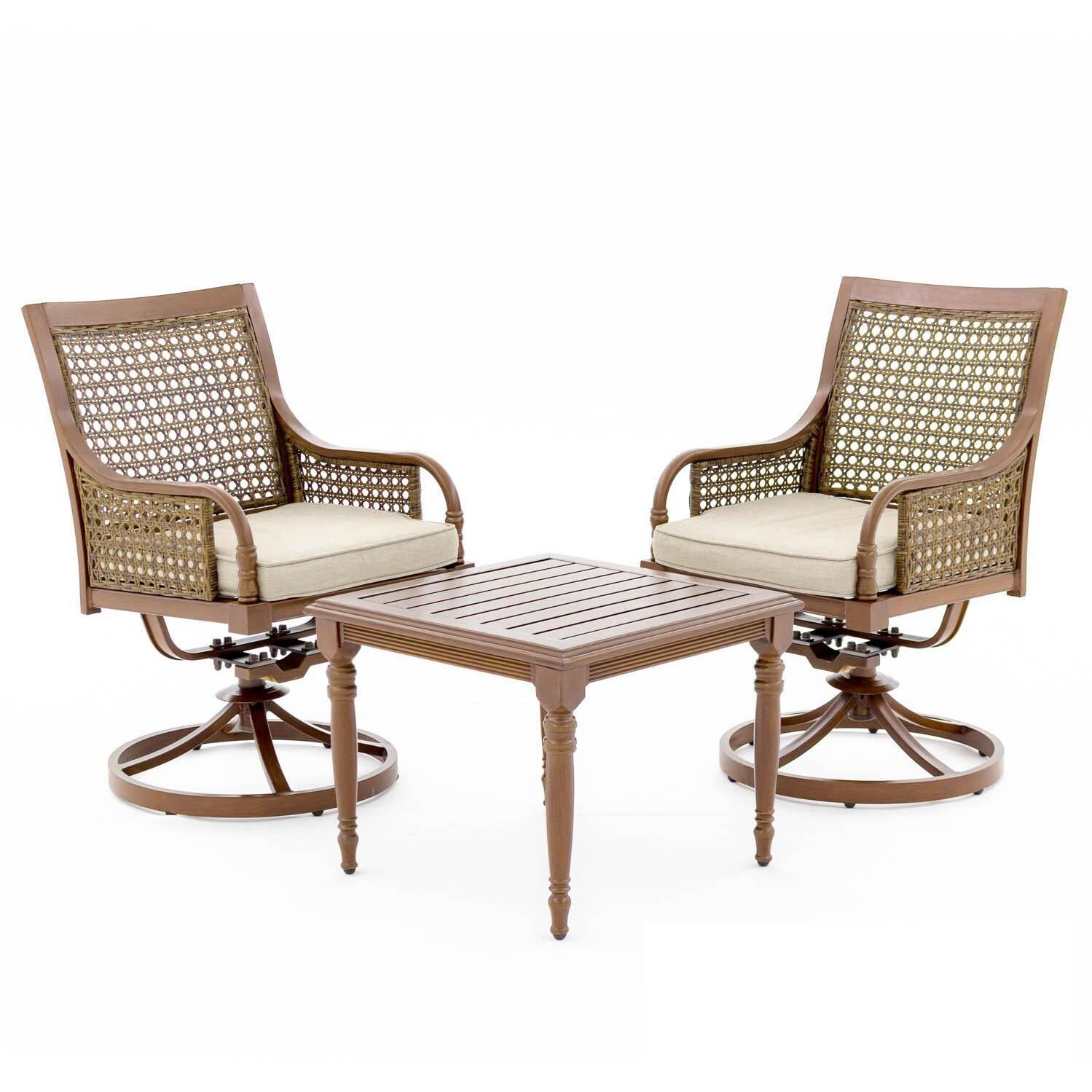 Arabella 3 Piece Aluminum Outdoor Bistro Set W/ Swivel Rocker Dining Chairs & Sunbrella Cast Ash Cushions thumbnail