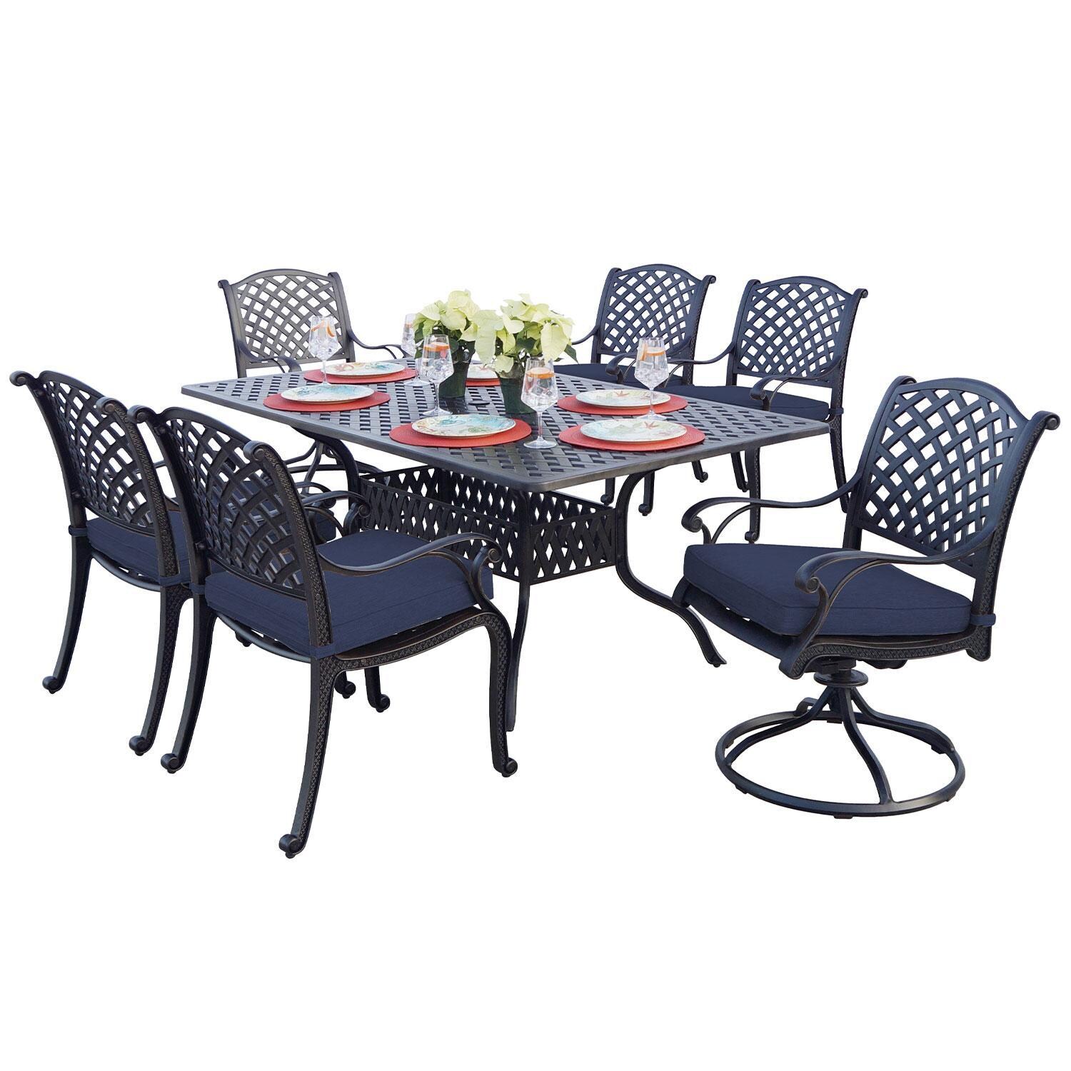 Nassau 7 Pc Cast Aluminum Dining Set w/ 72 X 42 Inch Series 30 Table & 2 Swivel Rockers in Antique Bronze/Navy by Darlee