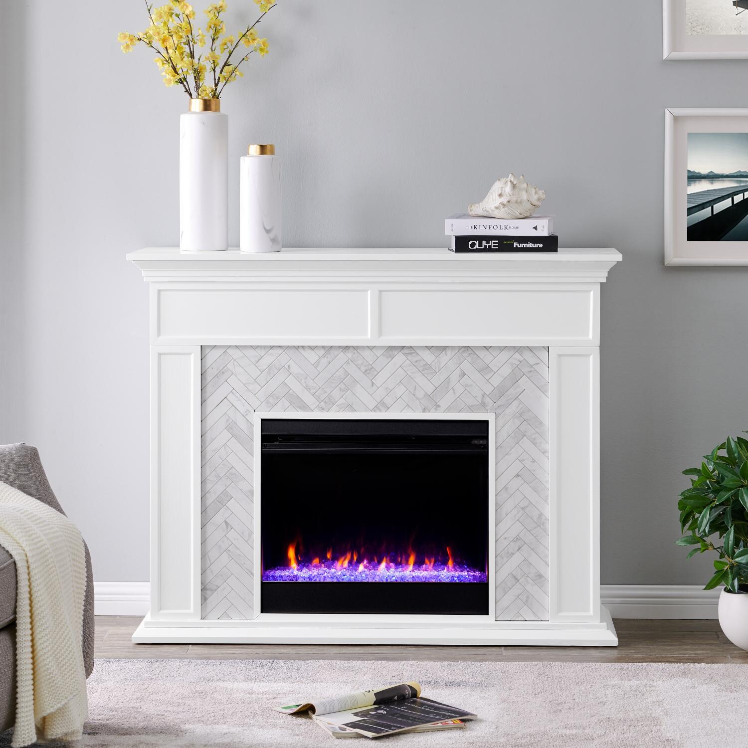 Southern Enterprises FC1009359 Torlington 50-Inch Color Changing Electric Fireplace - White W/ Gray & White Marble Tile thumbnail