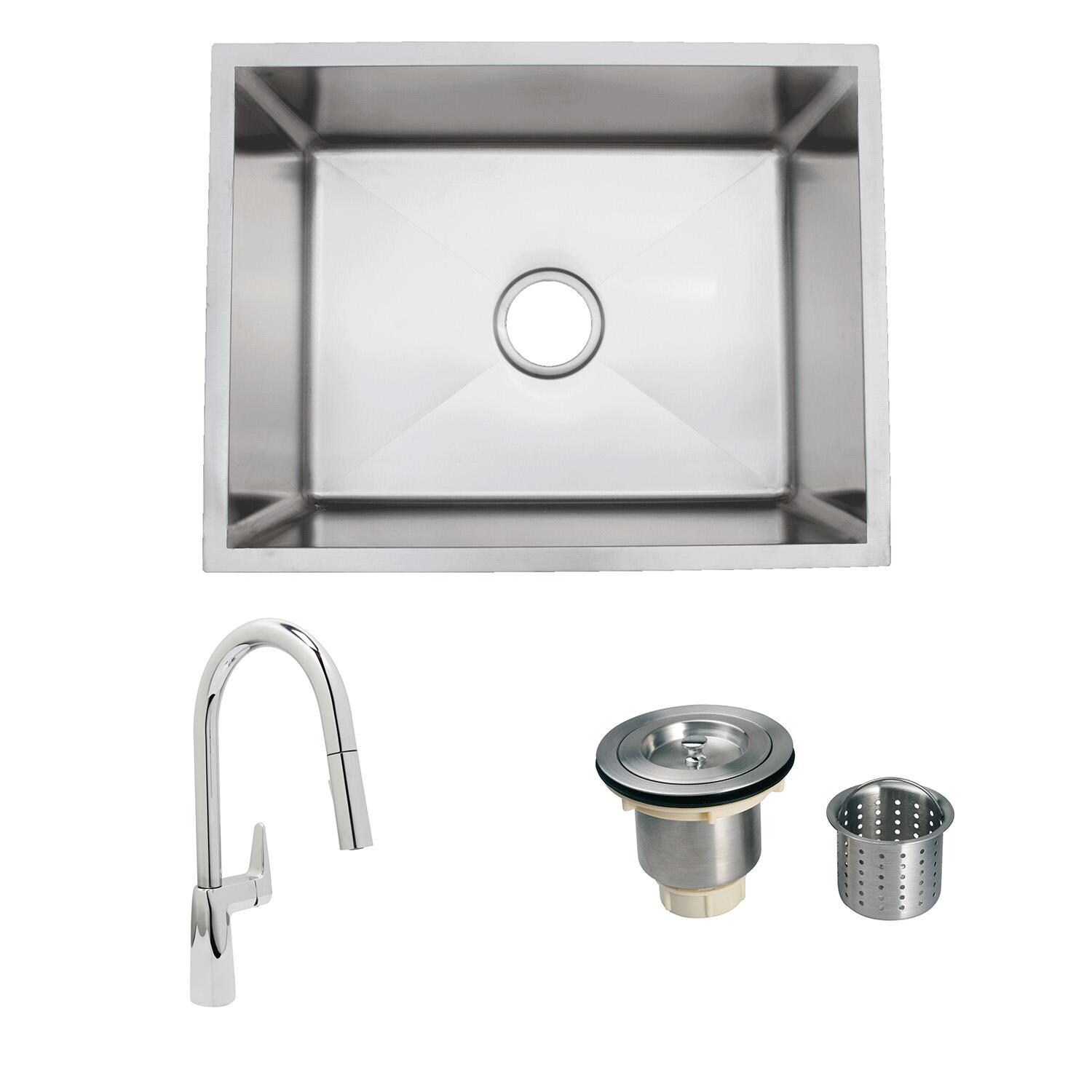 Huntington Brass R-ZS-600 + GD-144 + HBK1983201-YU + LI-XD Urban Place Radial 24 X 19 Stainless Steel Outdoor Sink with Huntington Brass Dual Spray 15.75 Inch High Pull Down Faucet, Grid and Strainer Basket - Bundle - White Background thumbnail