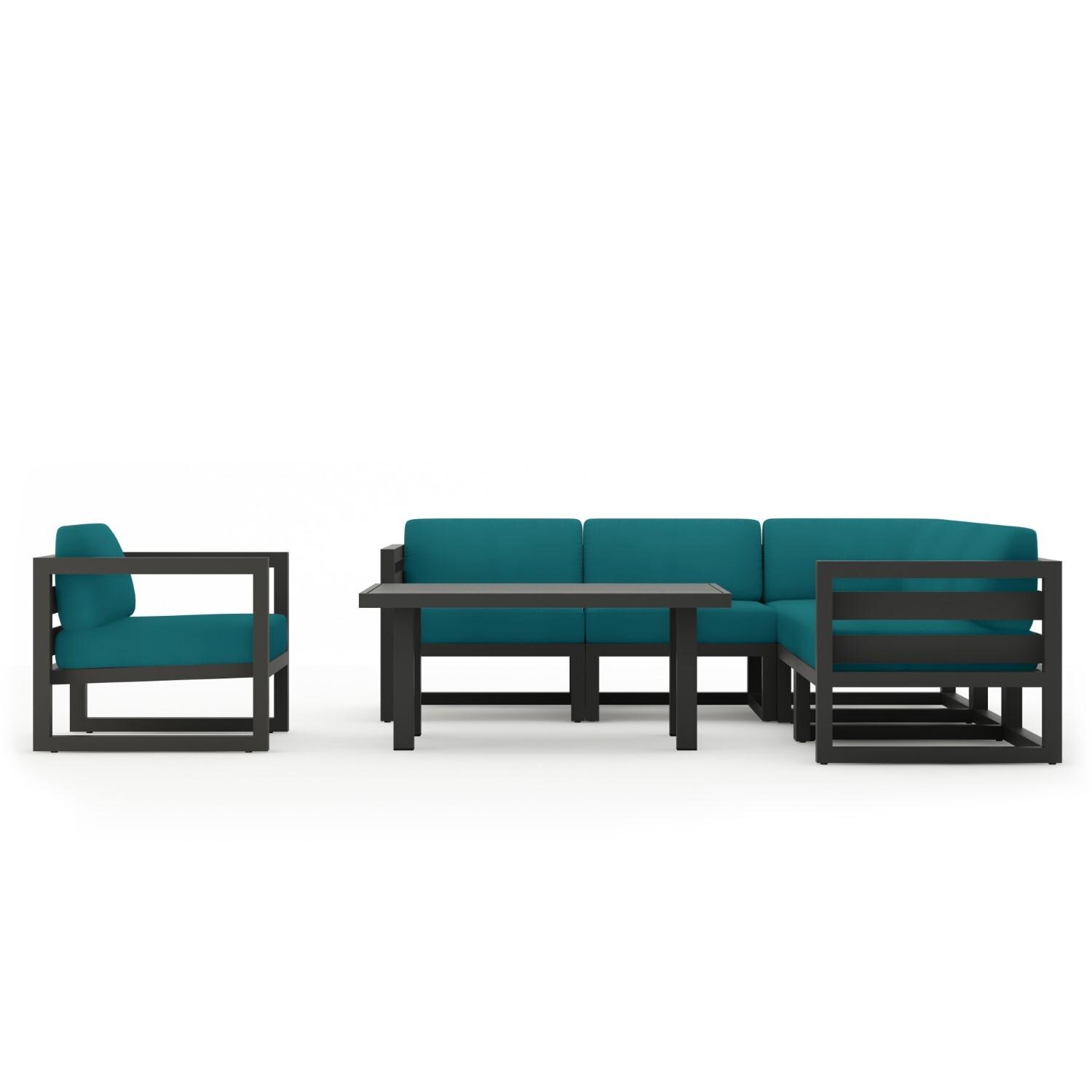 Misty Cove 7 Pc Aluminum Seating Set w/ Sectional & Classic Chat Table in Slate/Spectrum Peacock by Lakeview Outdoor Designs