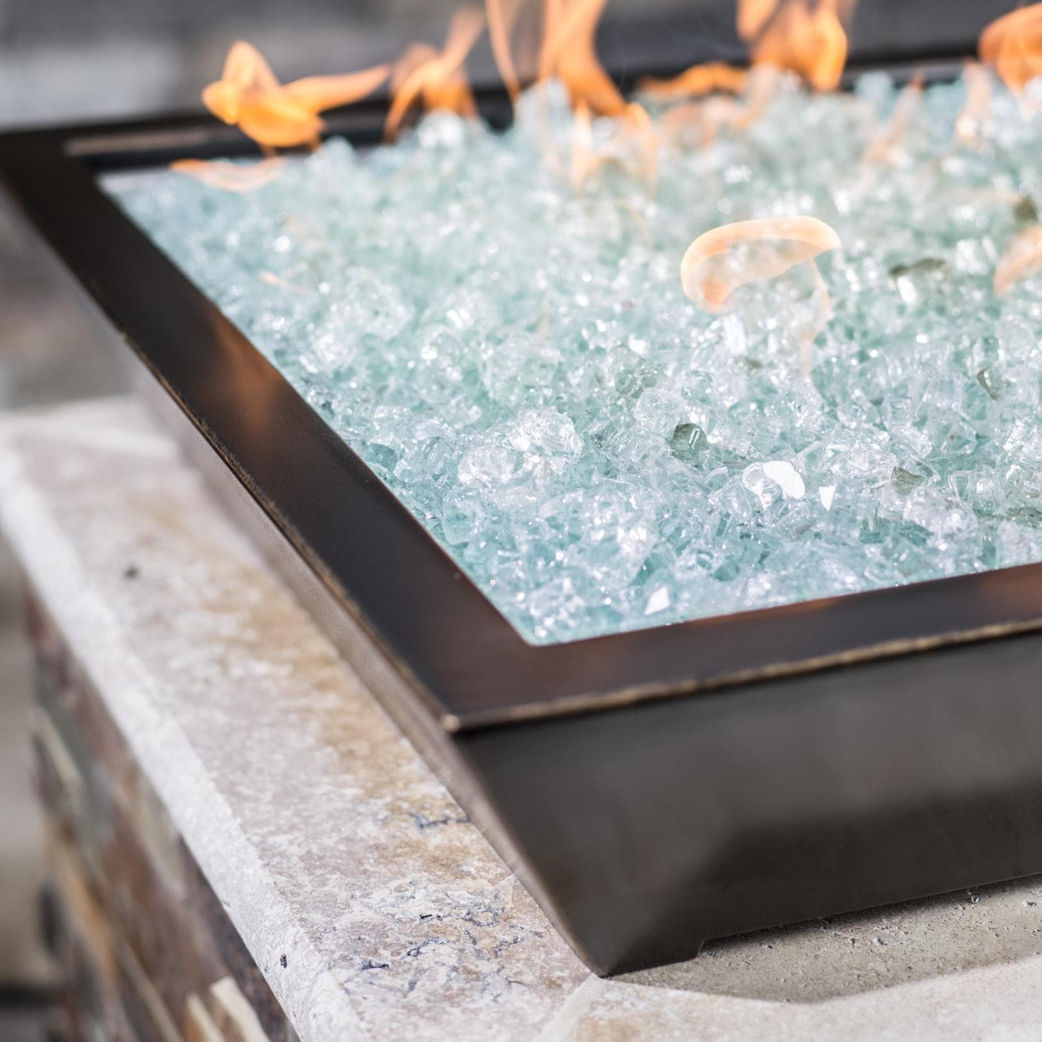 BBQGuys Signature Series Westfalen 18-Inch Square Low-Rise Natural Gas Fire Bowl - Oil Rubbed Bronze - Corner Detail - Shown With Ice Non-Reflective Fire Glass thumbnail