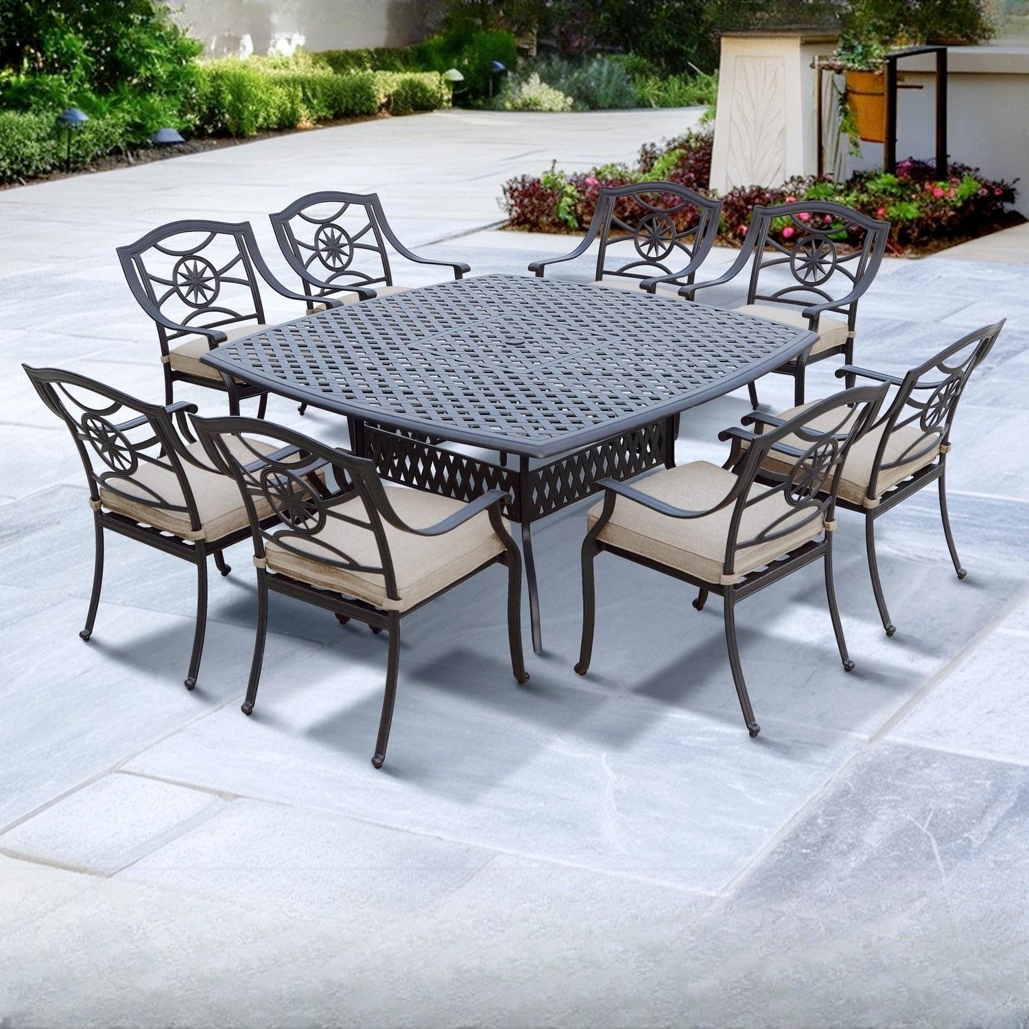 Darlee Ten Star 9 Pc Cast Aluminum Dining Set w/ 64 Inch Square Series 30 Table in Antique Bronze/Beige Canvas by - B/DL503-9PC-30W