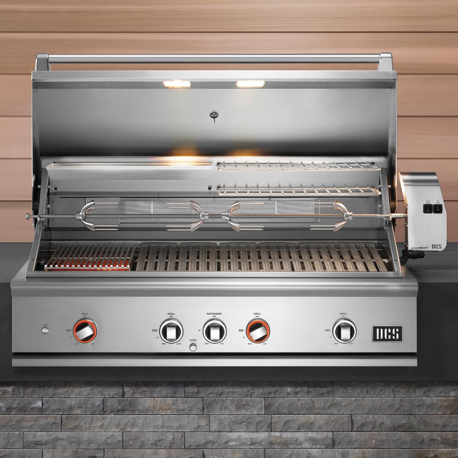 DCS BE1-48RC-N Series 9 Evolution 48-Inch Built-In Natural Gas Grill With Rotisserie - Lifestyle View with Hood Open thumbnail