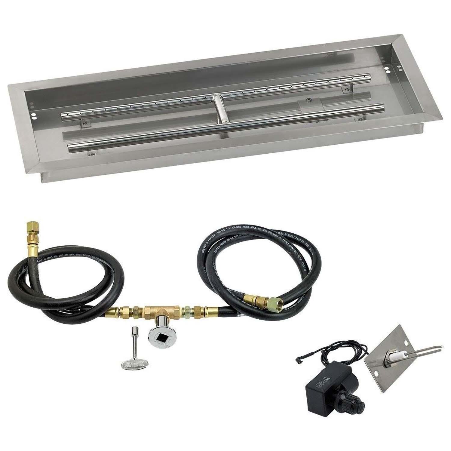BBQGuys Signature 30 X 10 Inch Stainless Steel Rectangular Drop-In Fire Pit Pan with Spark Ignition Kit - Natural Gas - White Background thumbnail