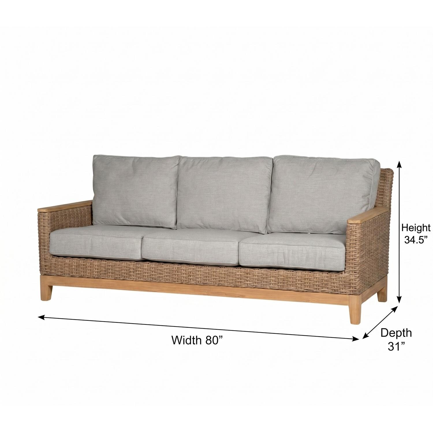 Royal Teak Collection BOCA3S-H-G Boca 3 Person Wicker Sofa / Sunbrella Cushions in Honey/Canvas Granite - Sofa - Dimensional thumbnail
