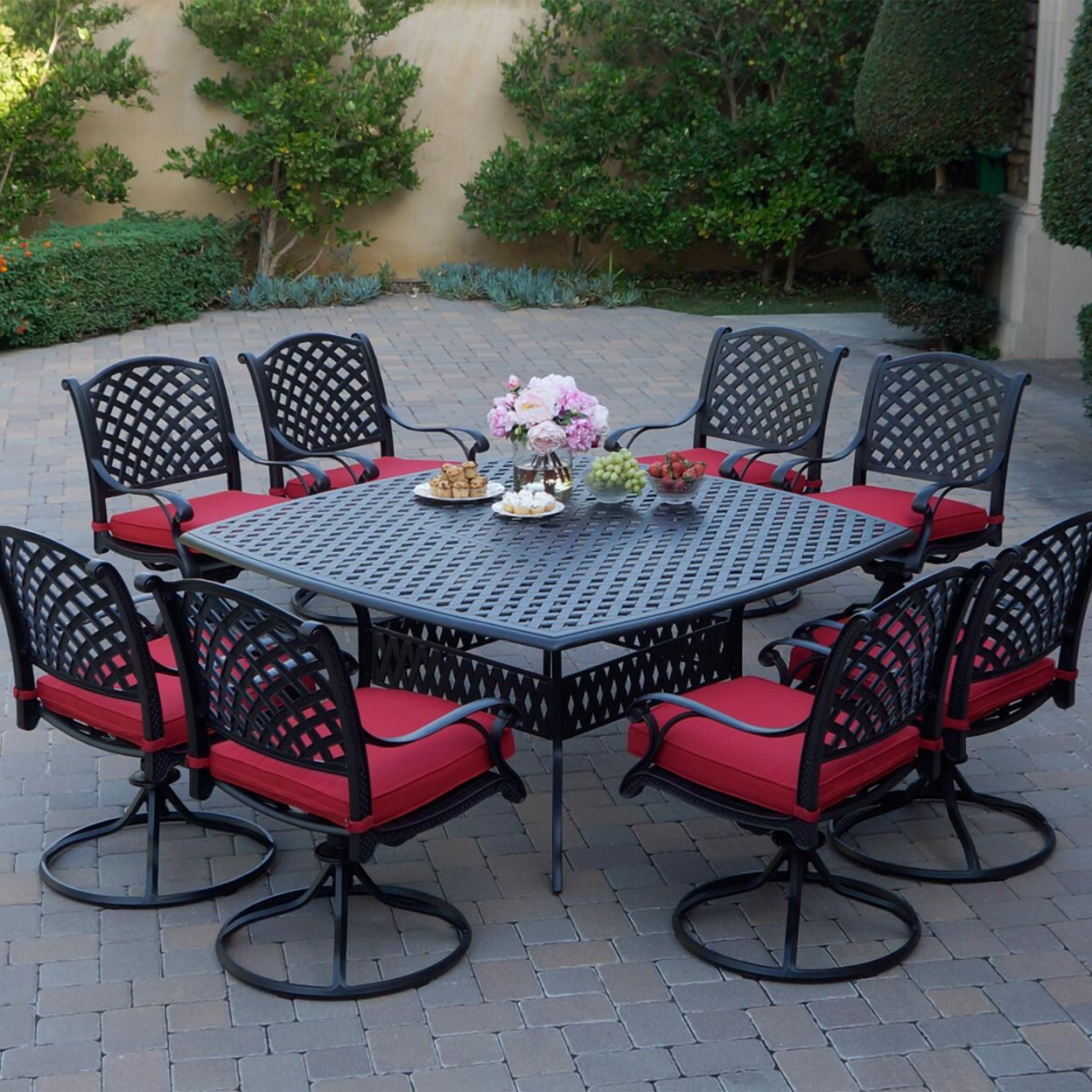 Nassau 9 Pc Cast Aluminum Dining Set in Antique Bronze w/ Red Cushions By Darlee