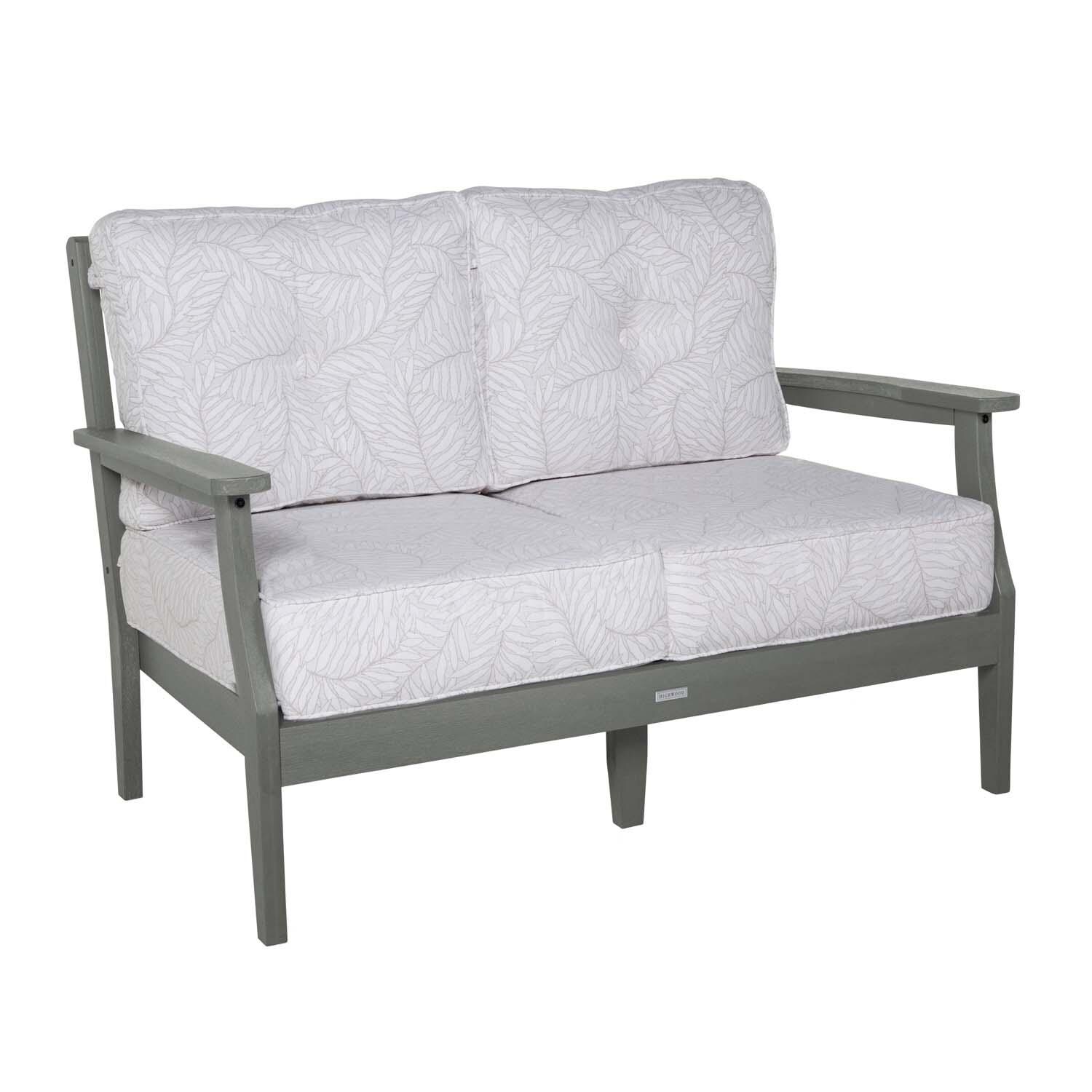 Blushing Bay 2 Person Recycled Plastic Loveseat in Lively Parchment/Coastal Teak by Lakeview Outdoor Designs - Left Angled - White Background thumbnail