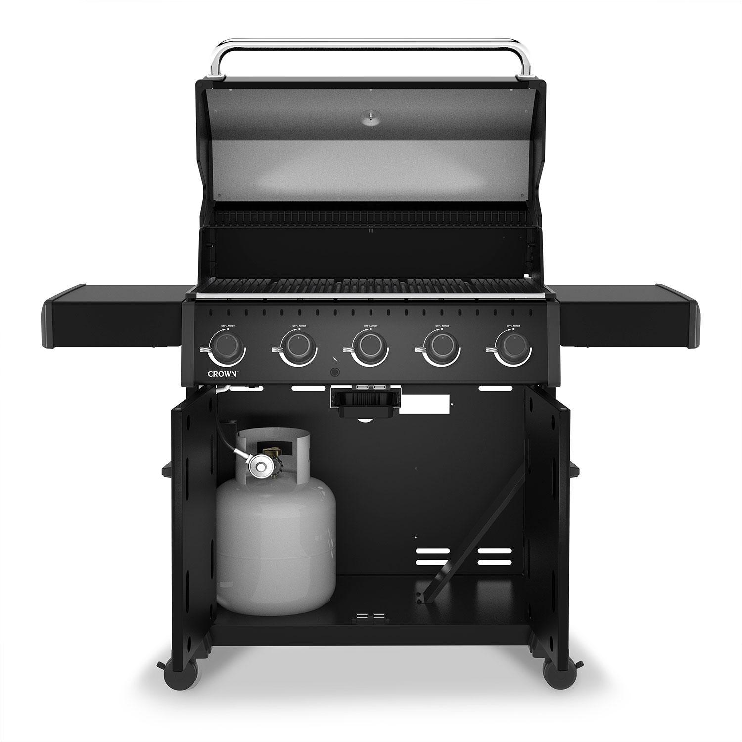 Broil King 866157 Crown 520 Shadow 5 Burner Natural Gas Grill - Black - Hood Up - Front View - White Background thumbnail