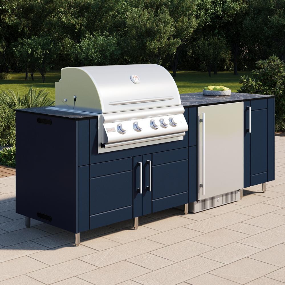 WeatherStrong Bimini 7 1/2 Ft Outdoor Kitchen Island w/ DCS Propane Grill & Refrigerator in Sapphire Blue/Midnight Ice - On Patio - Lifestyle thumbnail