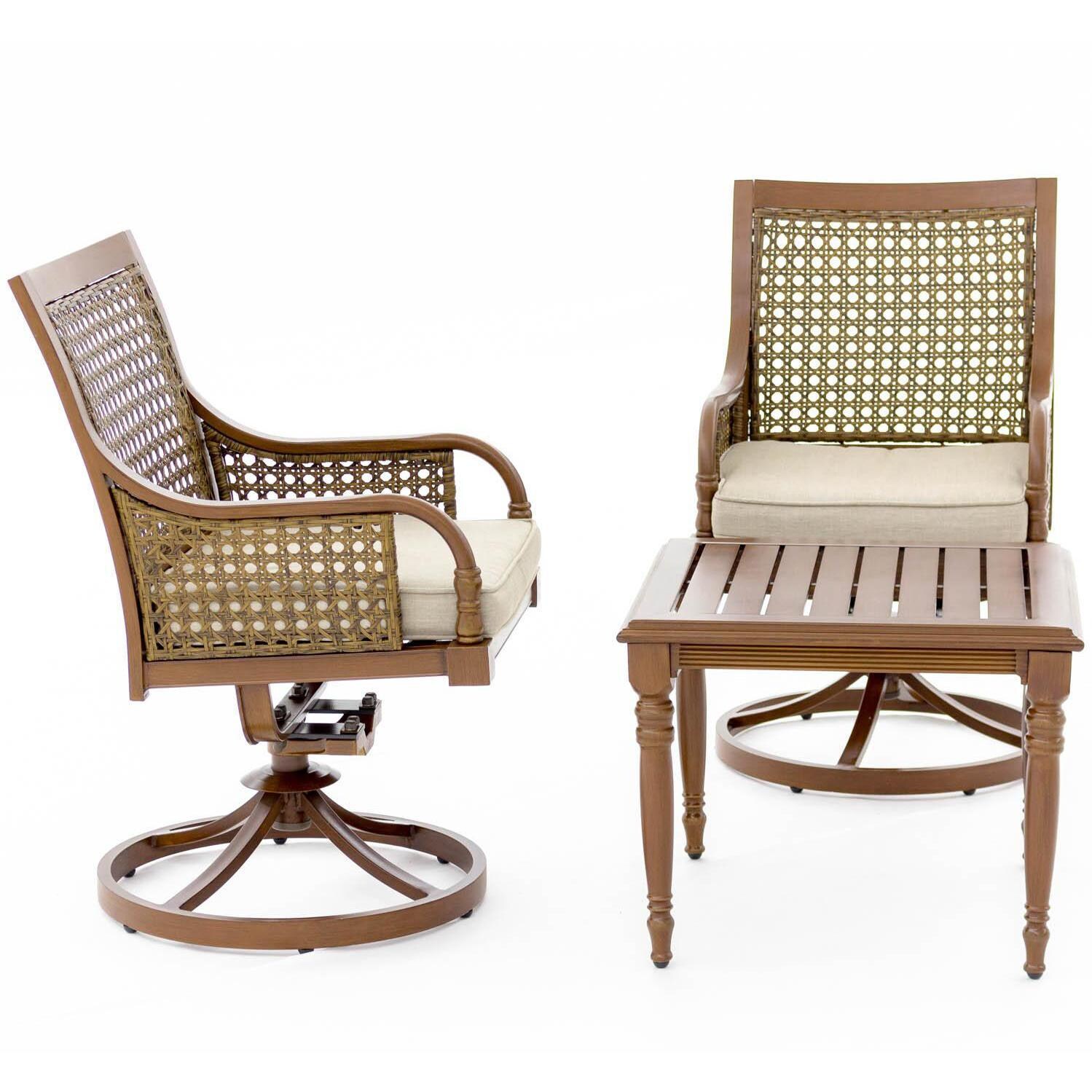 Arabella 3 Piece Aluminum Outdoor Bistro Set W/ Swivel Rocker Dining Chairs & Sunbrella Cast Ash Cushions - Left Angled View thumbnail