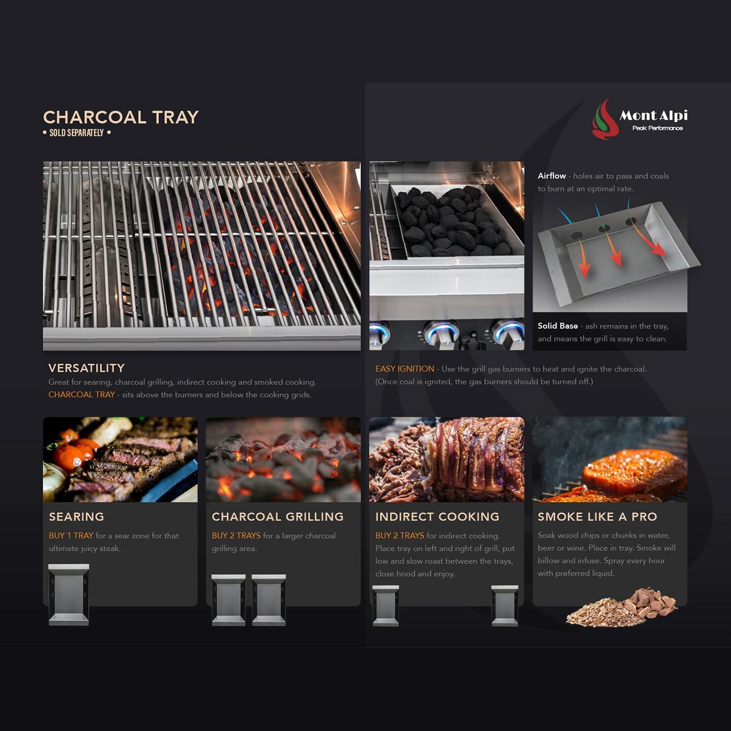 Mont Alpi MAi805-DBEV Deluxe Natural Gas Island Grill W/ Beverage Center - Charcoal Tray Features (Sold Separately) - Detail thumbnail