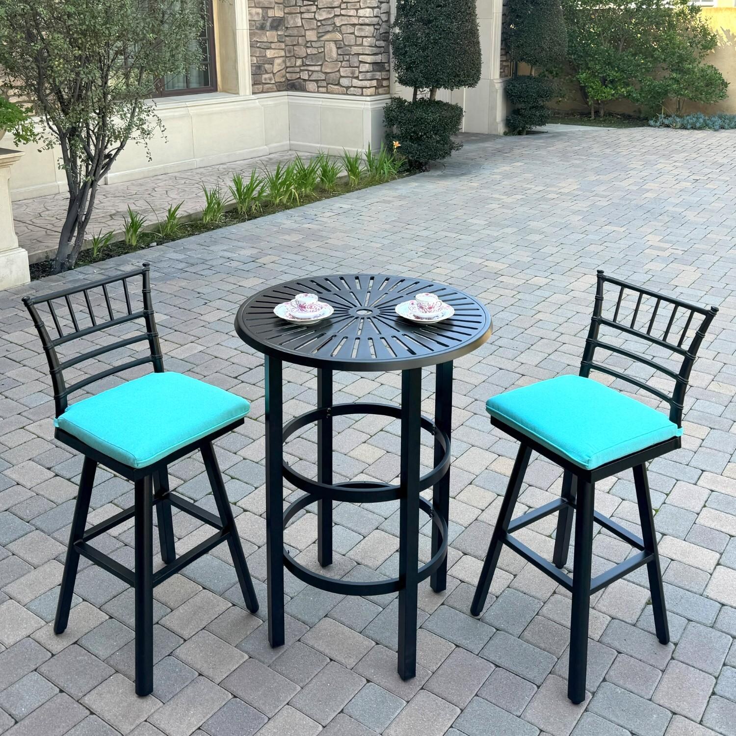 Bella 2 Pc Aluminum Swivel Bar Height Bar Stool Set in Blue/Dark Brown by Darlee - Shown w/ Table (Not Included) - Lifestyle thumbnail