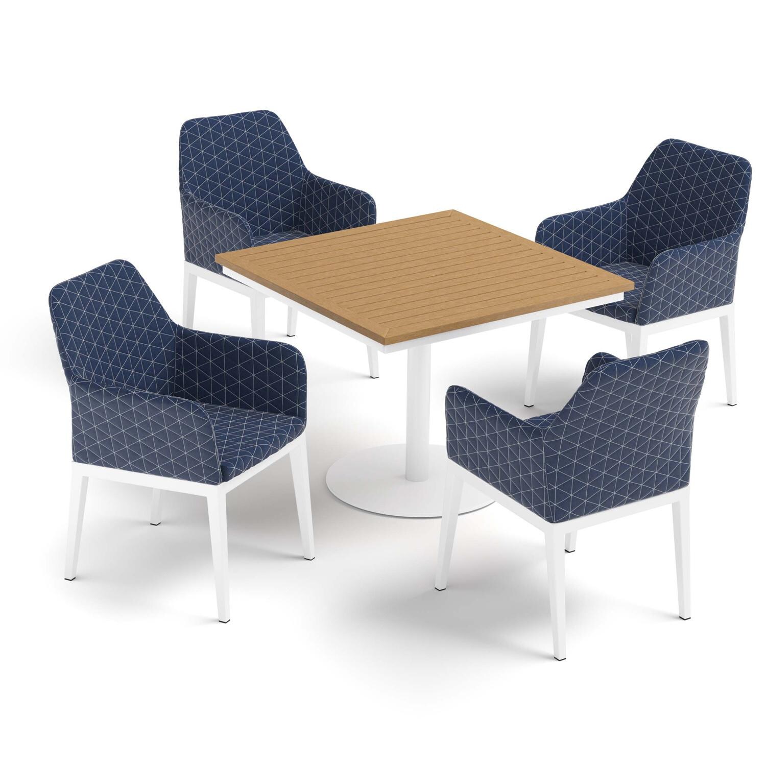 Oxford Garden Oland 5 Pc Aluminum Dining Set W/ Natural Tekwood Table Top in Chalk/Quilted Spectrum Indigo - Top View thumbnail