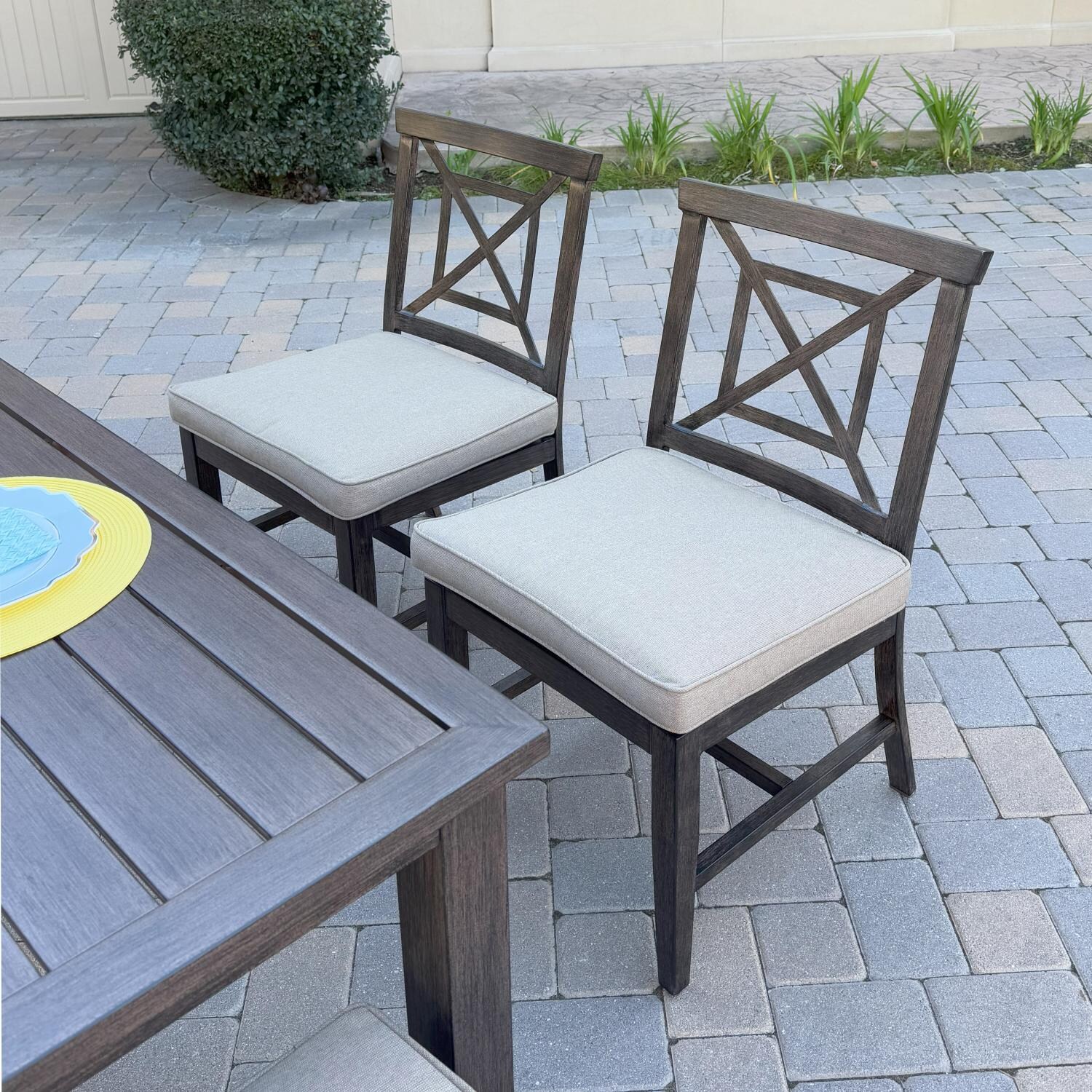 Atlantis 9 Pc Aluminum Dining Set in Walnut/Beige by Darlee - Close Up - Lifestyle thumbnail