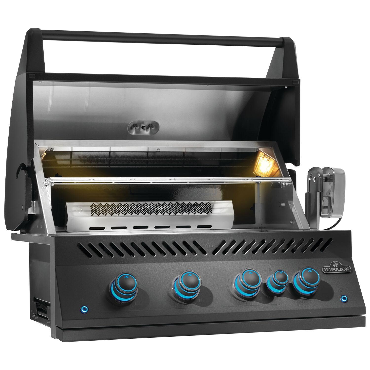 Napoleon BIG32RBPMK-1 700 Series 32-in Built-In Propane Grill w/ Rotisserie & Infrared Rear Burner - Matte Black - Lid Open - LED Blue Control Knobs - White Background thumbnail