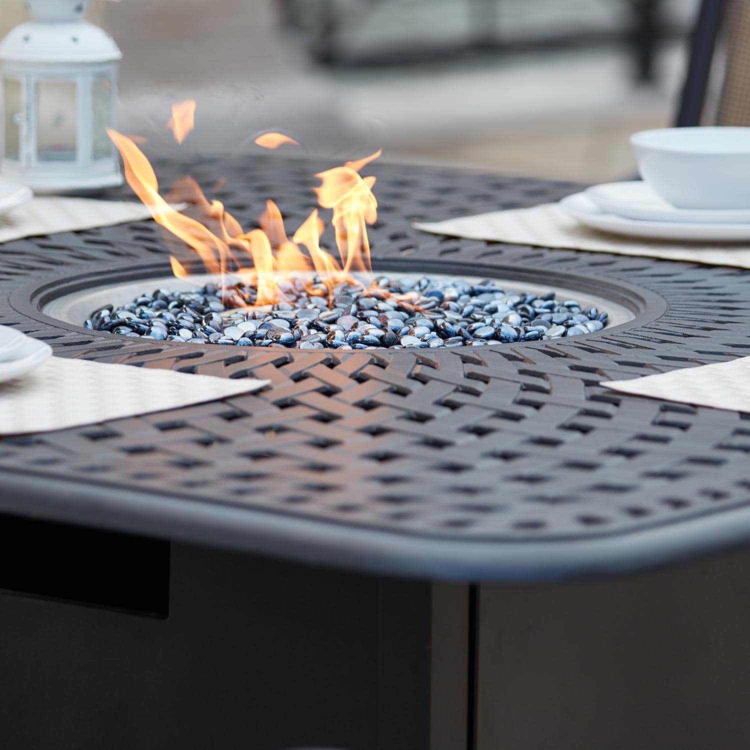 Sedona 9 Pc Cast Aluminum Fire Pit Dining Set w/ 64 Inch Square