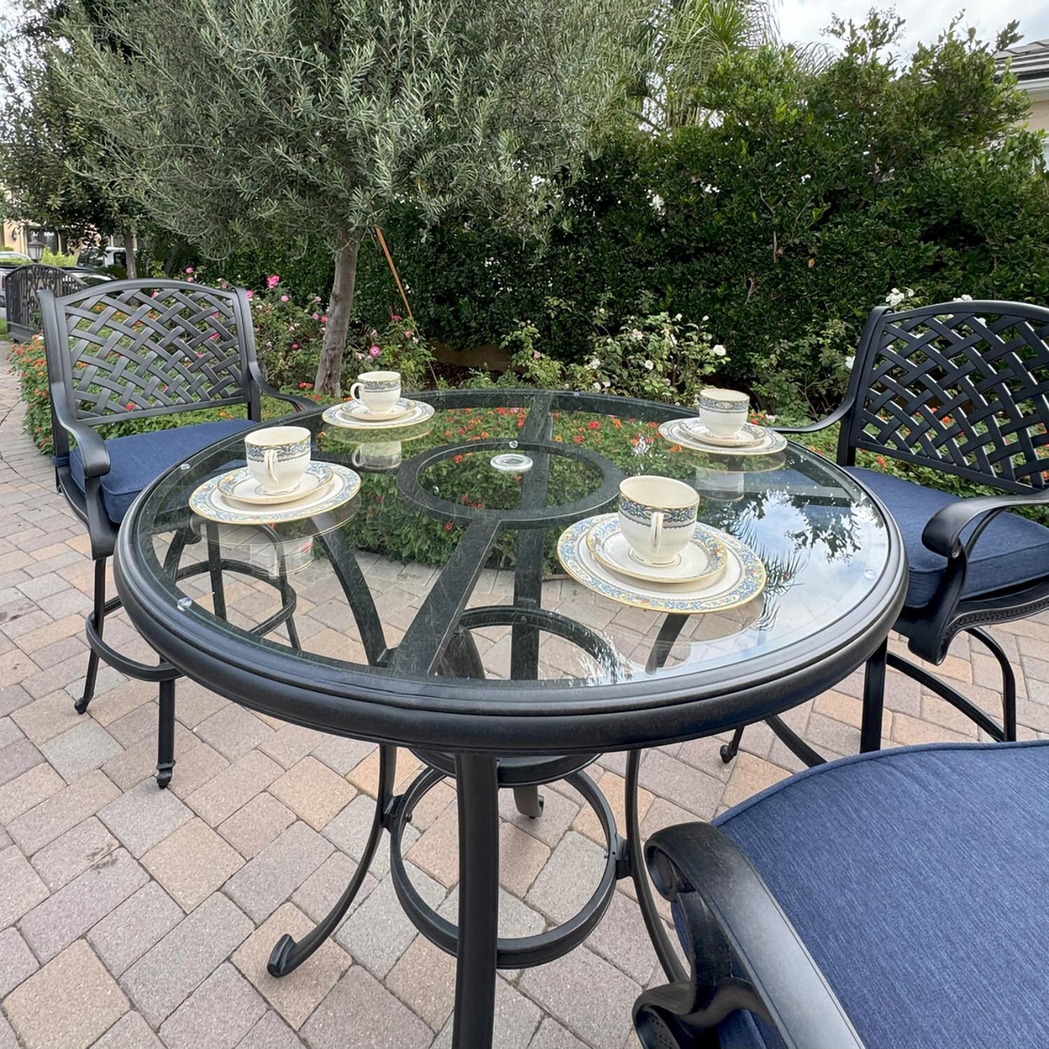 Darlee B/DL13-5PC-50F-N Nassau 5 Pc Cast Aluminum Bar Set in Antique Bronze w/ Navy Cushions - Place Settings - Lifestyle thumbnail