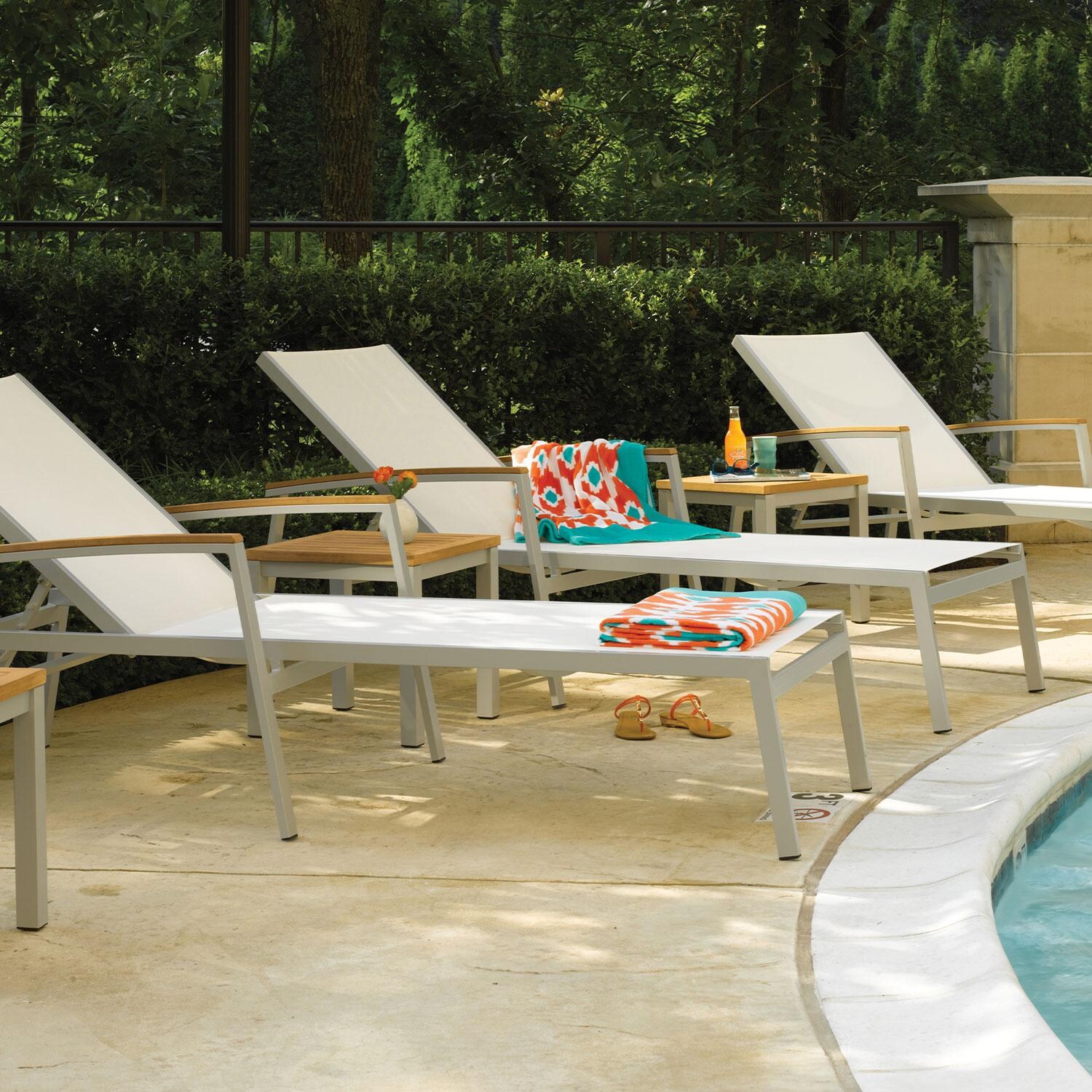 Travira 8 Pc Powder-Coated Aluminum Chaise Lounge Set in Natural/Flint By Oxford Garden - Close Up - Lifestyle thumbnail