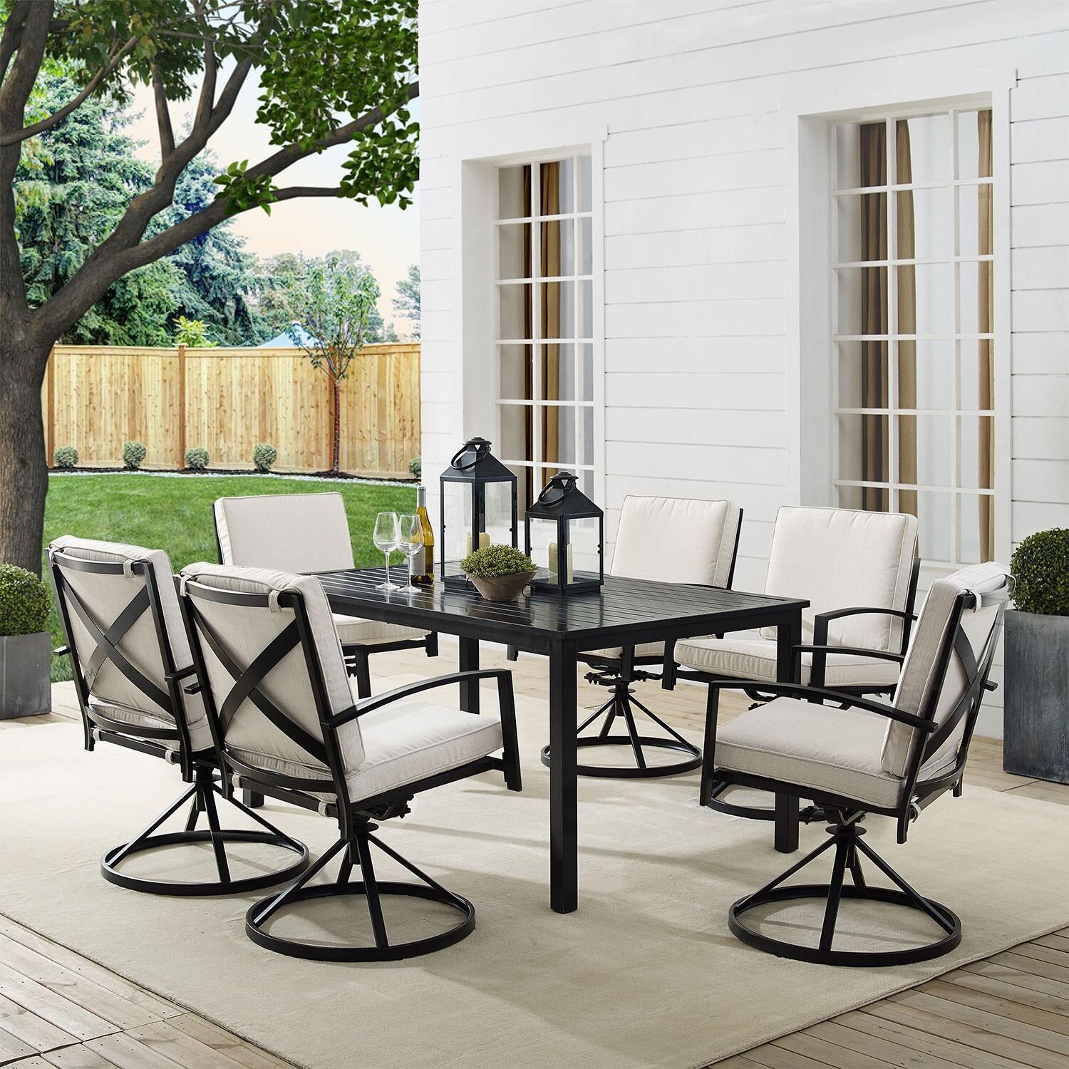 Ultimate Patio UP-82255BZ-OL 7Pc Outdoor Dining Set in Oatmeal W/ Swivel Chairs - On Patio - Lifestyle thumbnail
