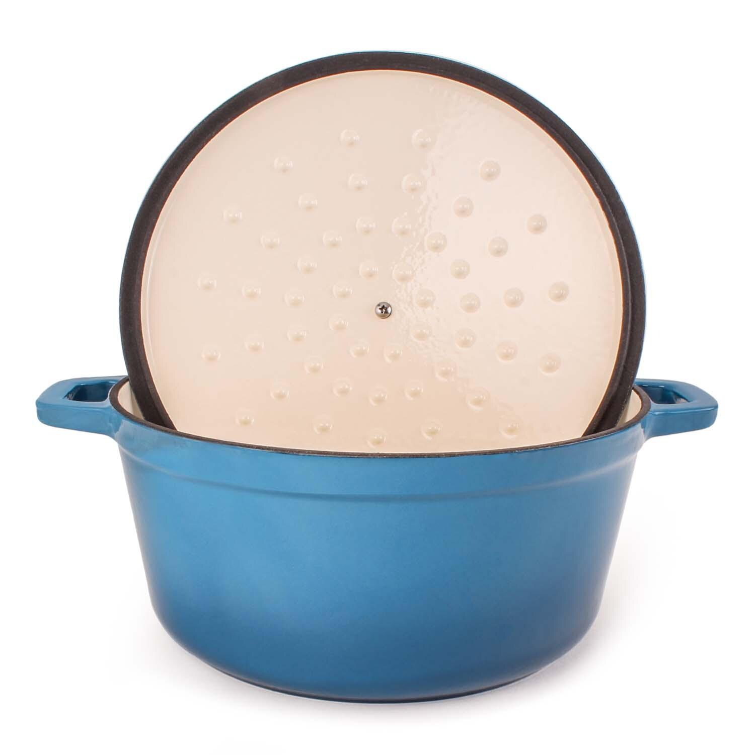 BergHOFF 11-in Neo Cast Iron 7 Qt. Round Dutch Oven w/ Lid - Blue - Lid Up - White Background thumbnail