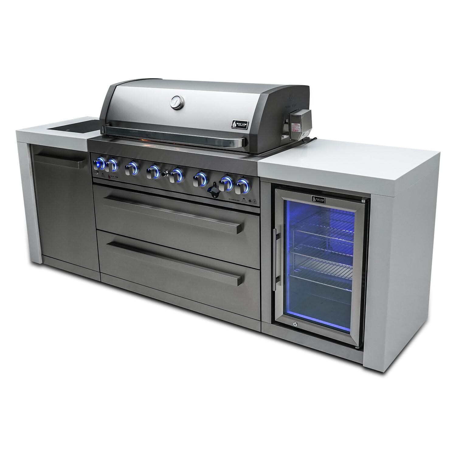 Mont Alpi MAi805-DFC Deluxe Propane Gas Island Grill W/ Refrigerator Cabinet - From Right - White Background