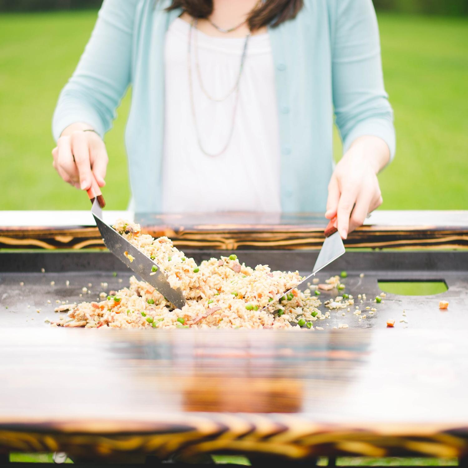 Backyard Hibachi BY-BHPOGSM Flattop Propane Gas Grill - Sweet Maple - Cooking Fried Rice thumbnail
