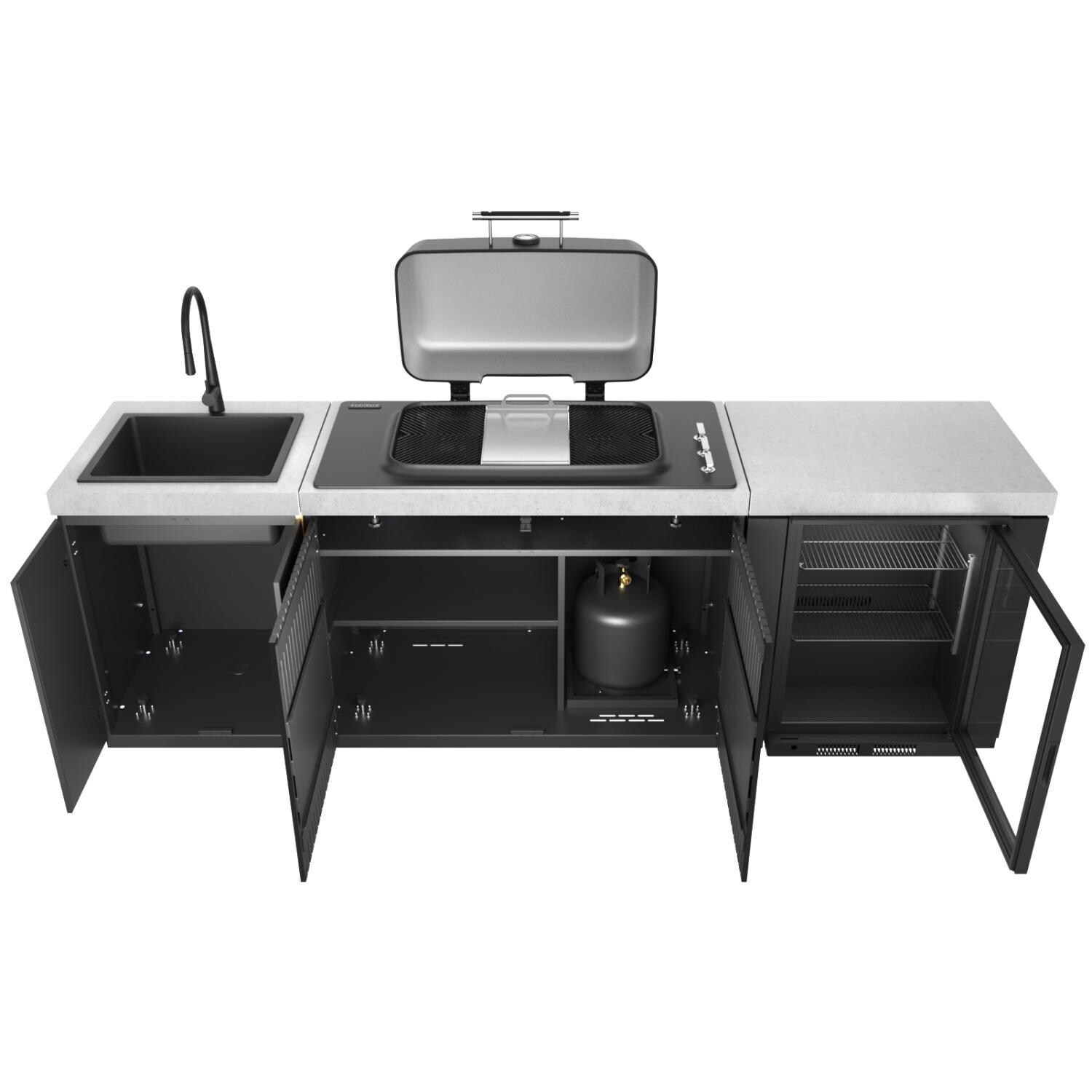 Everdure 9 Ft Outdoor Kitchen Island w/ Marine Grade Aluminum Cabinets in Black - Cabinets Open (Propane Tank Not Included) - White Background thumbnail